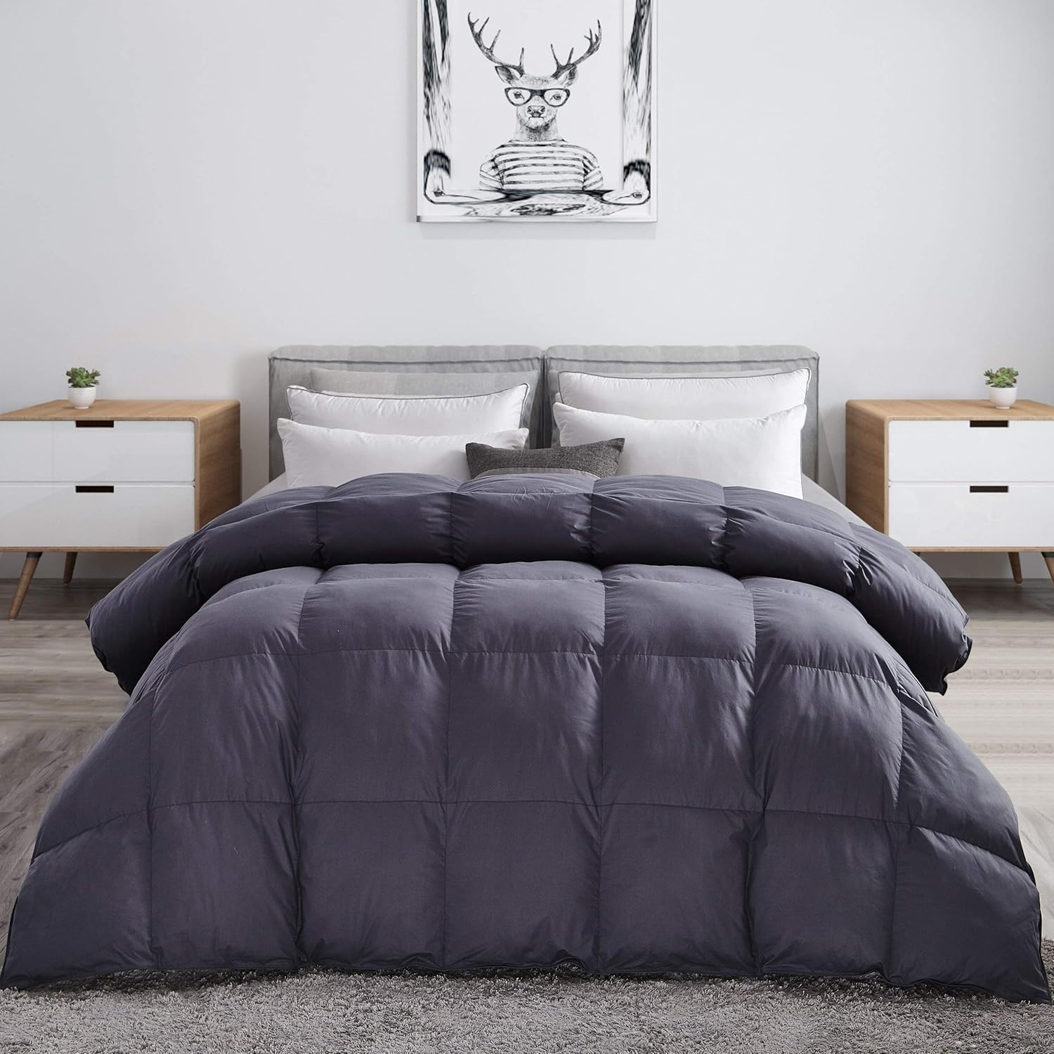 Luxurious Light Weight Goose Down Comforter King Size Duvet Insert, Classic Gray, Premium Baffle Box, 1200 Thread Count 100% Egyptian Cotton Cover, 60 oz Fill Weight (King, Gray)