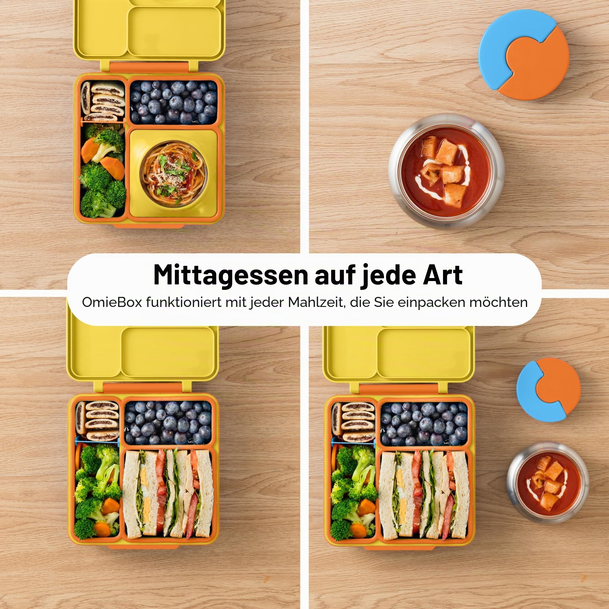 OmieBox Lunchbox (Sunshine) - Bento Box mit 3 Fächern und auslaufsicher isoliertem Thermo Behälter | Brotdose für Kindergarten Kinder Schule