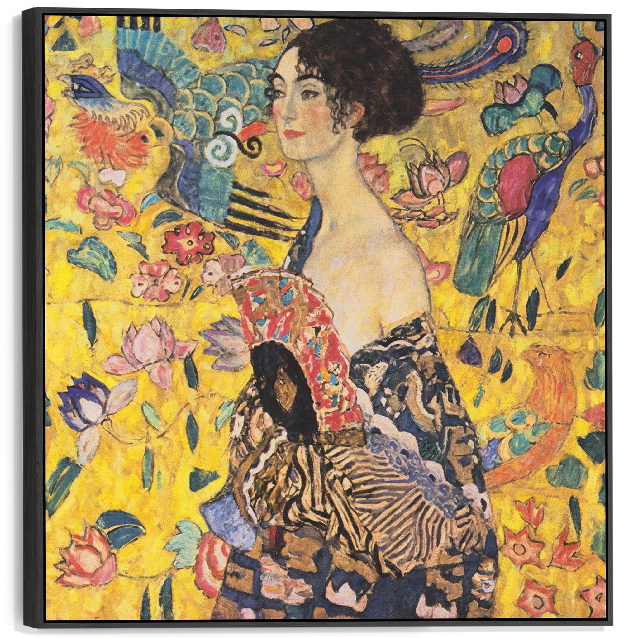 Wallfillers Yellow Large Gustav Klimt Framed Wall Art Canvas - Lady With Fan - 100Cm X 100Cm