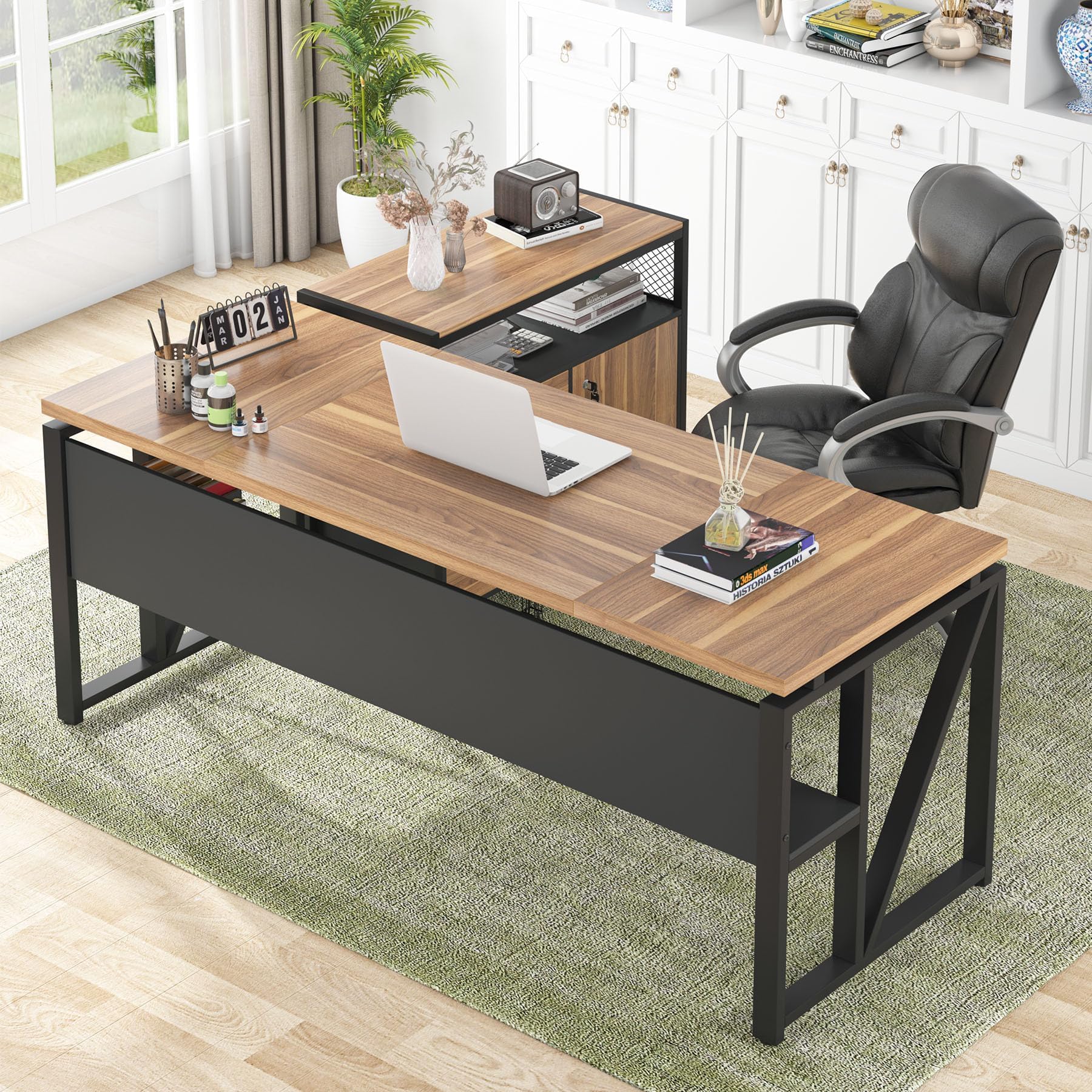 Tribesigns 63" Executive with Drawer Cabinet, L Shaped Desk and Lock lateral File Cabinet, 2 Piece Home Office Furniture Set with Drawers for Hanging File, (Brown, 63 inches)