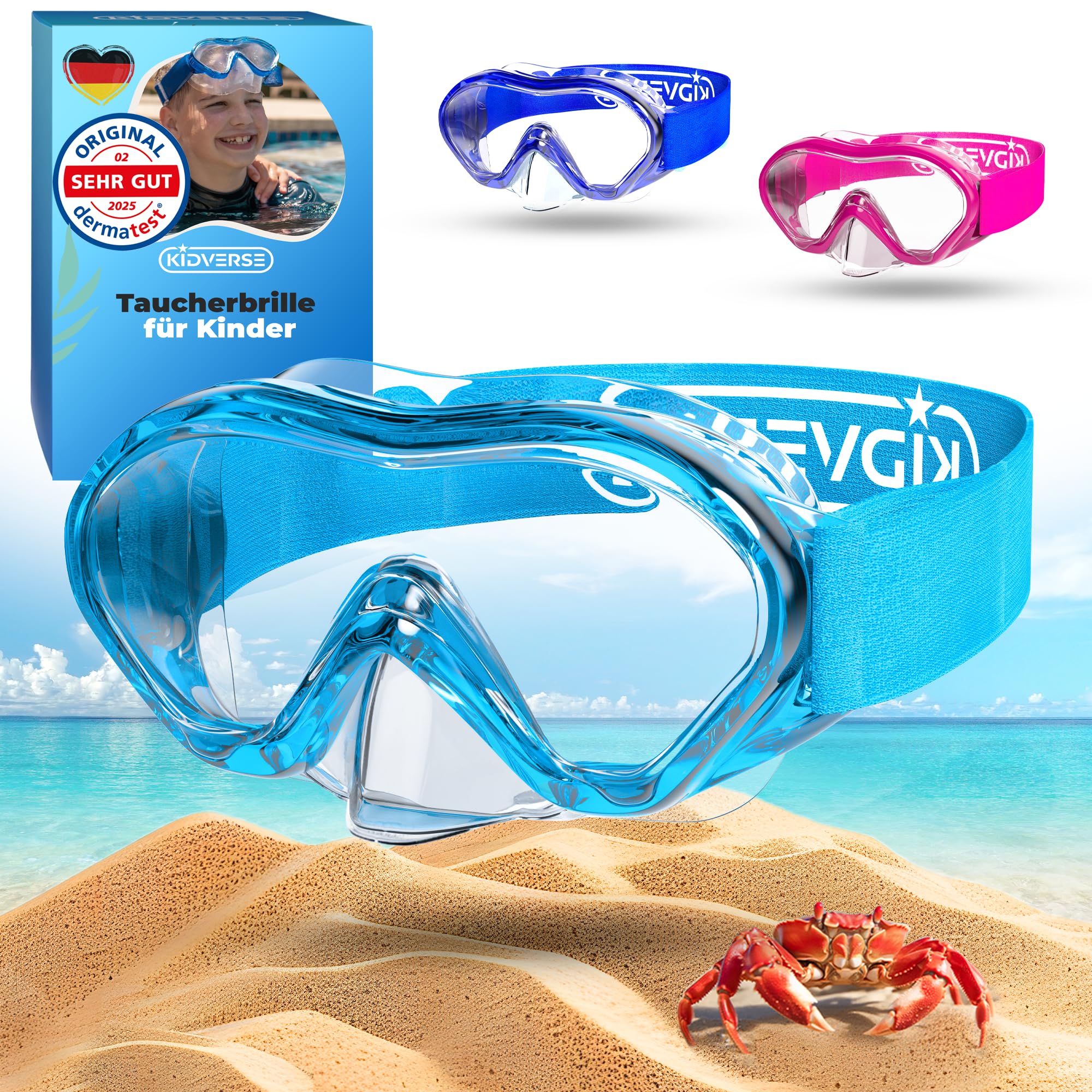 KIDVERSE Taucherbrille Kinder mit Nase - CE & Dermatest geprüfte Kinder Taucherbrille mit Stoffband oder Silikonband - Tauchmaske ab 5 Jahre für Mädchen & Jungen - Bequeme Kindertaucherbrille