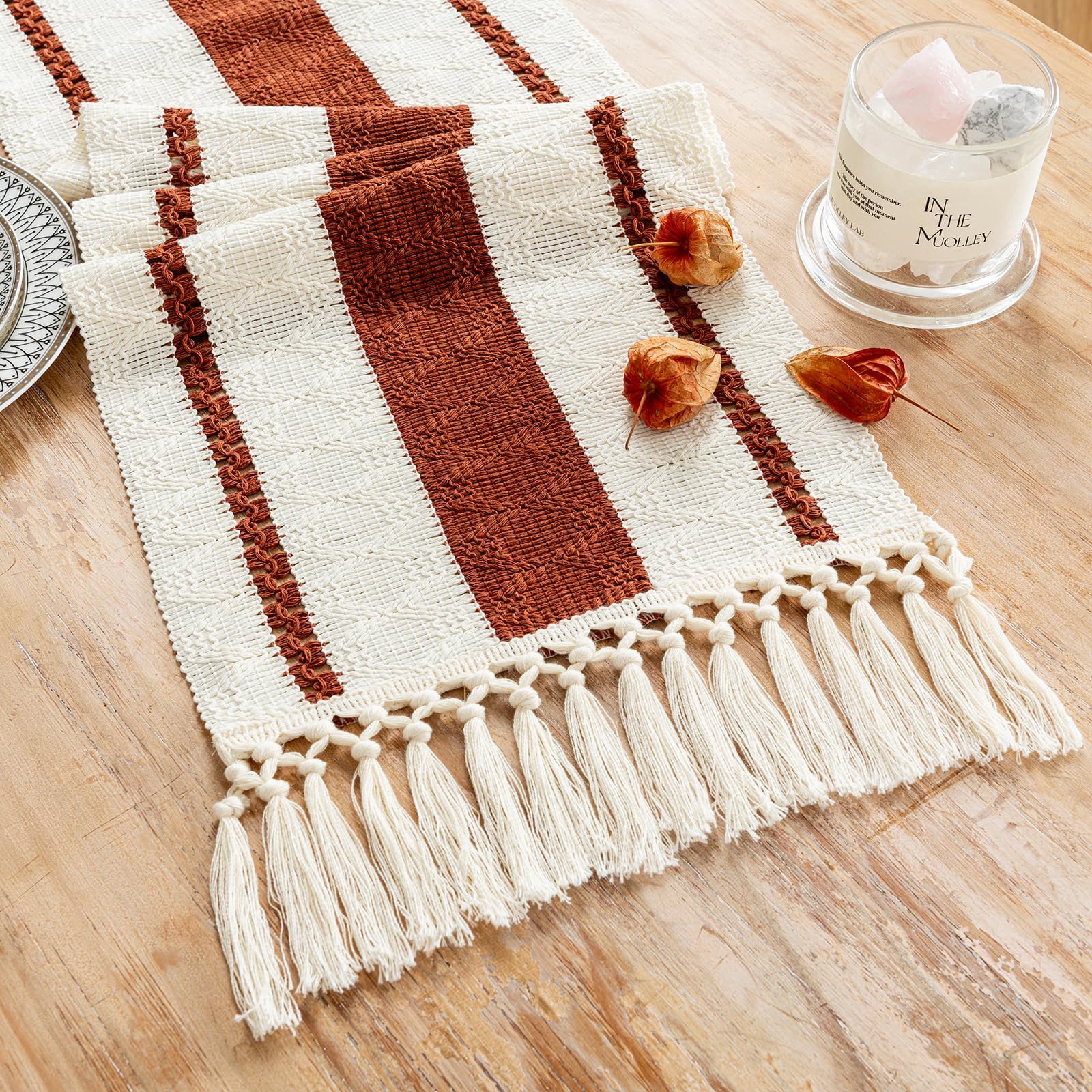 Fancy Homi Rust Table Runner 72 Inches Long Boho Macrame Table Runner for Home Decor, Terracotta Farmhouse Table Runners with Tassels for Party Rustic Bridal Shower Dining Decor 12x72 Inches