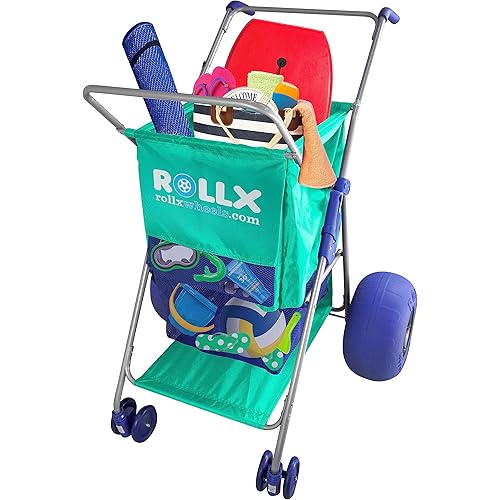 RollX Beach Cart with Big Balloon Wheels for Sand, Foldable Storage Wagon with 13 Inch Beach Tires (Pump Included) (Seafoam)