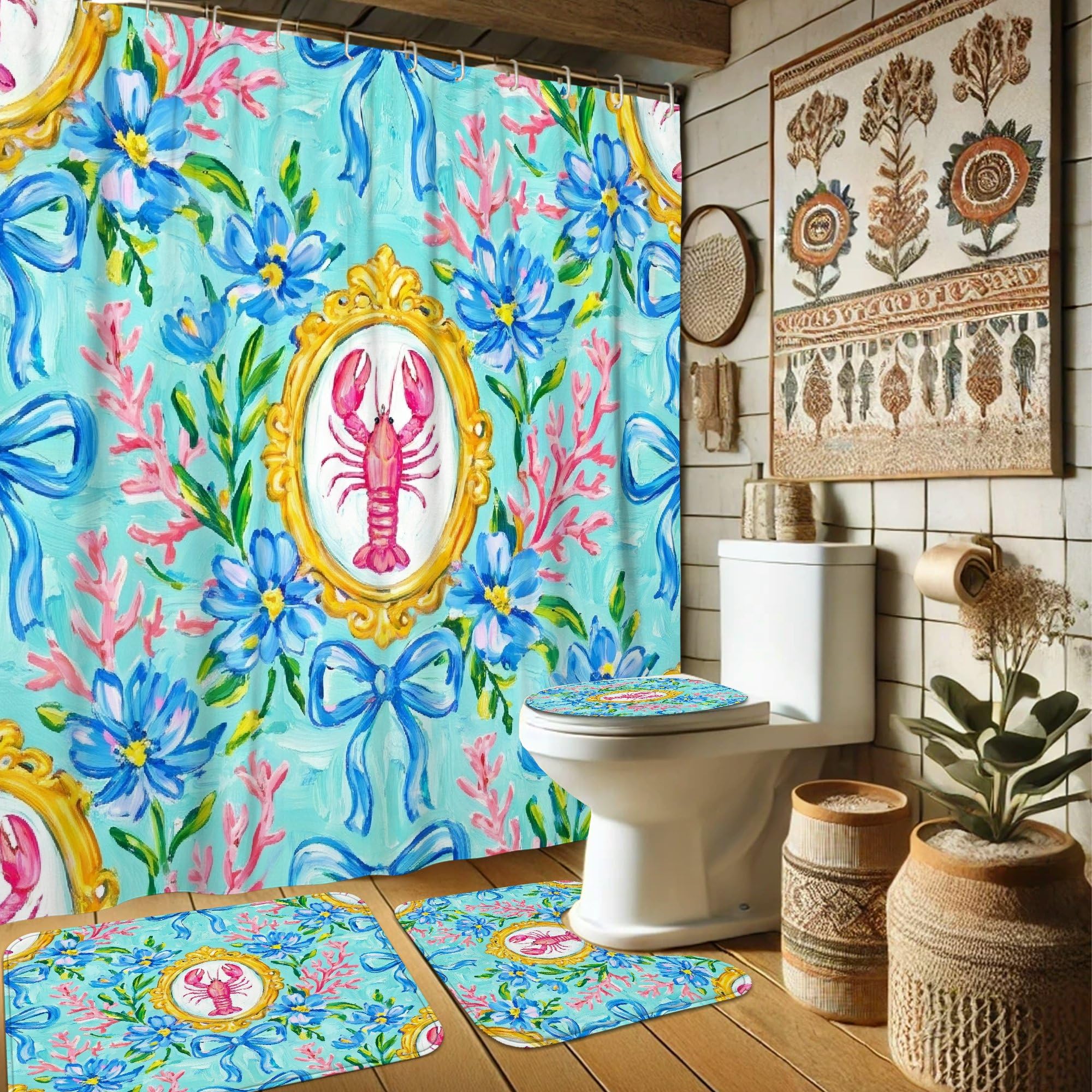 Ensemble de rideau de douche avec tapis de bain 183x183 cm