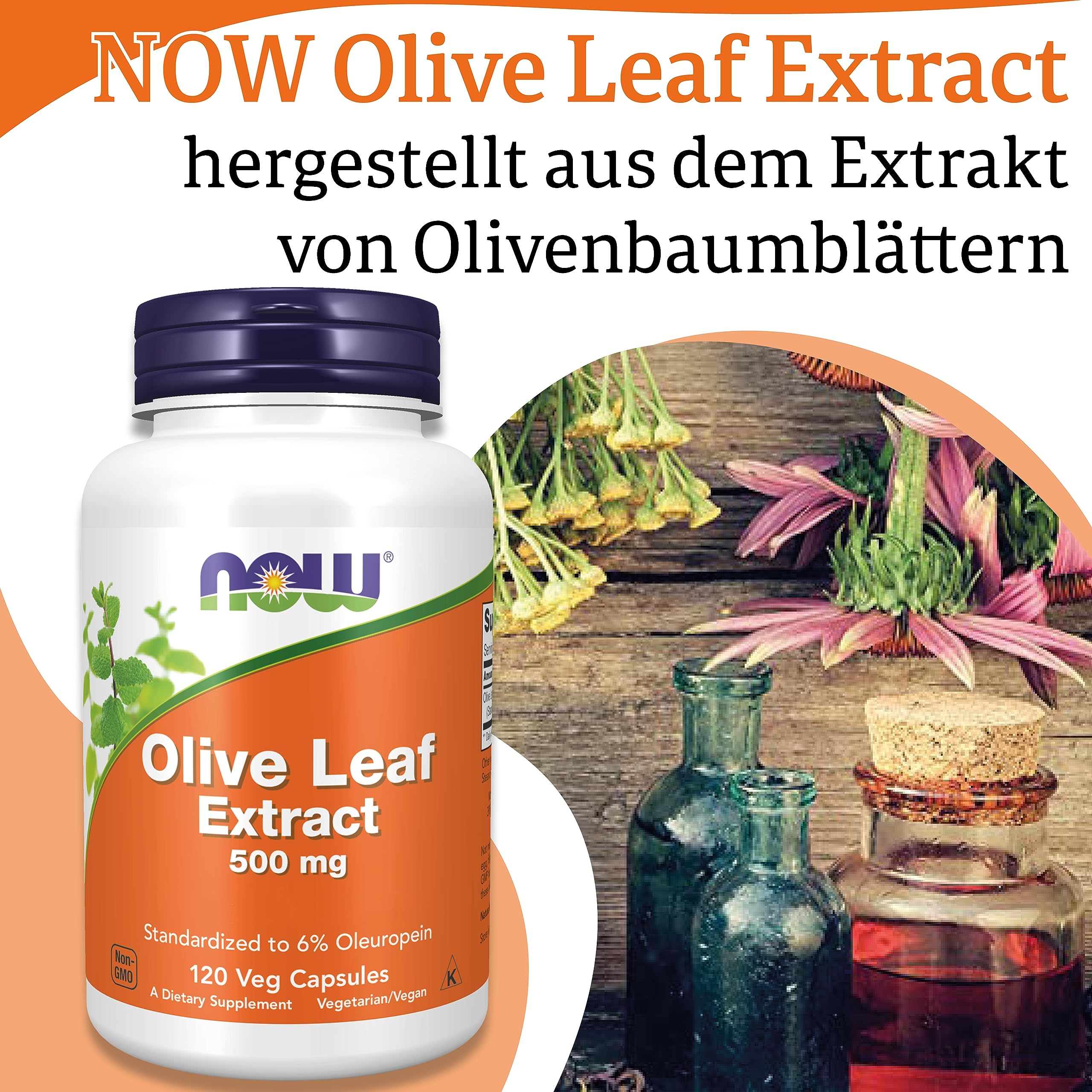 Now Foods Olive Leaf Extract (Olivenblattextrakt), 500mg,Oleuropein, hochdosiert, 120 vegane Kapseln, Laborgeprüft, Sojafrei, Glutenfrei, Vegetarisch, Ohne Gentechnik