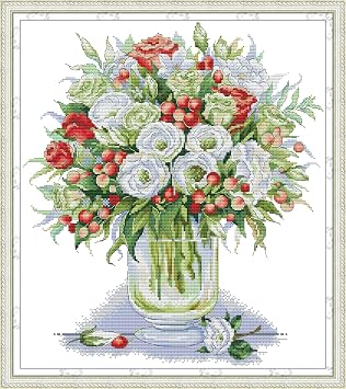 CaptainCrafts Cross Stitch Kits, New Counted Kit Unprinted 14CT Fabric Cross Stitching DIY Art DMC Needlecrafts Embroidery Kit for Adults Beginner White, White Rose and Red Rose