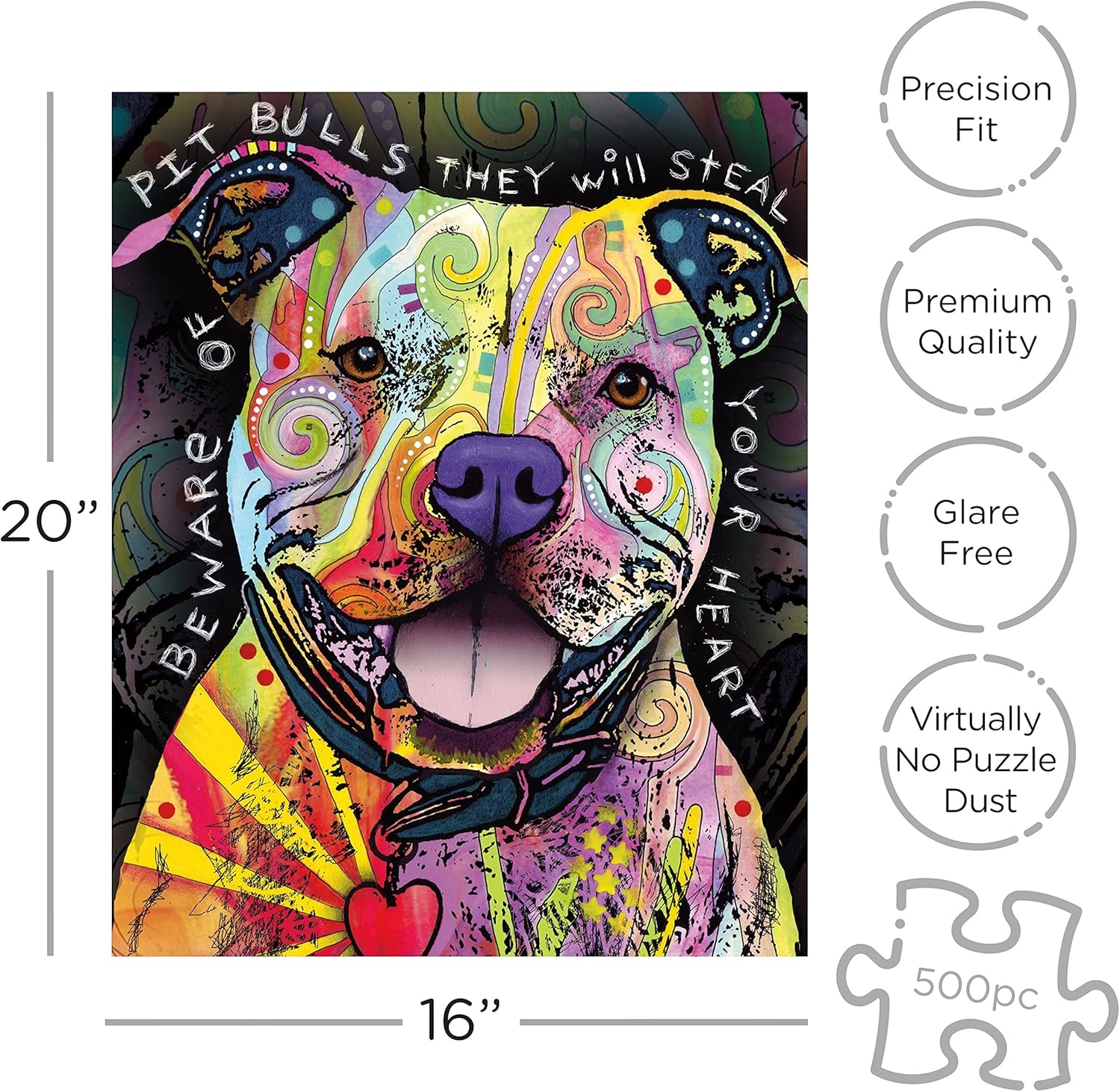 AQUARIUS Dean Russo Beware Pit Bull 500 Piece Jigsaw Puzzle, Multicolor, 8, 62502