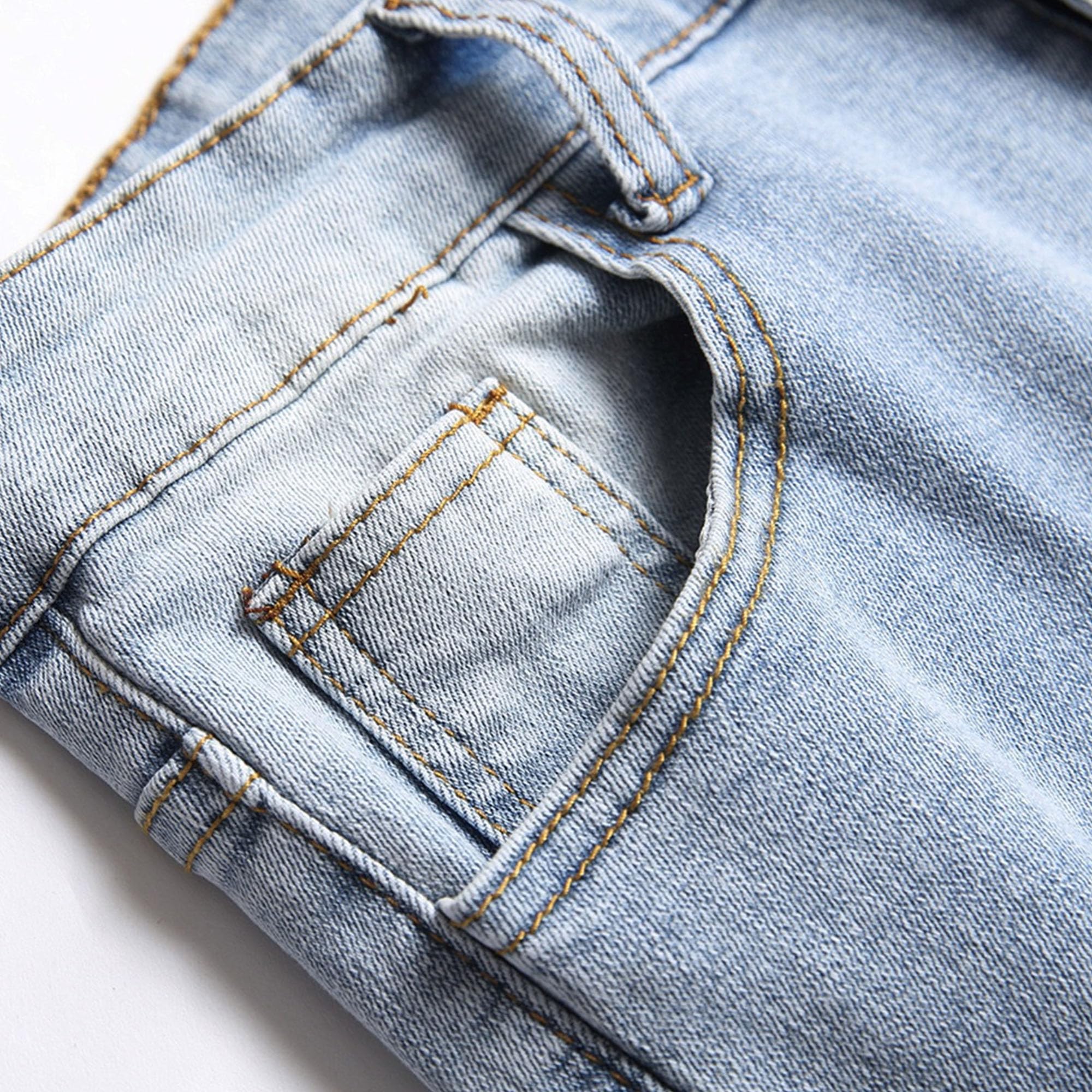 Qolkmuiy-GJ Men's Ripped Fringed Washed Jeans Comfort Flex Waist Denim Pants Casual Straight Leg Cowboy Jeggings (Light Blue,30)