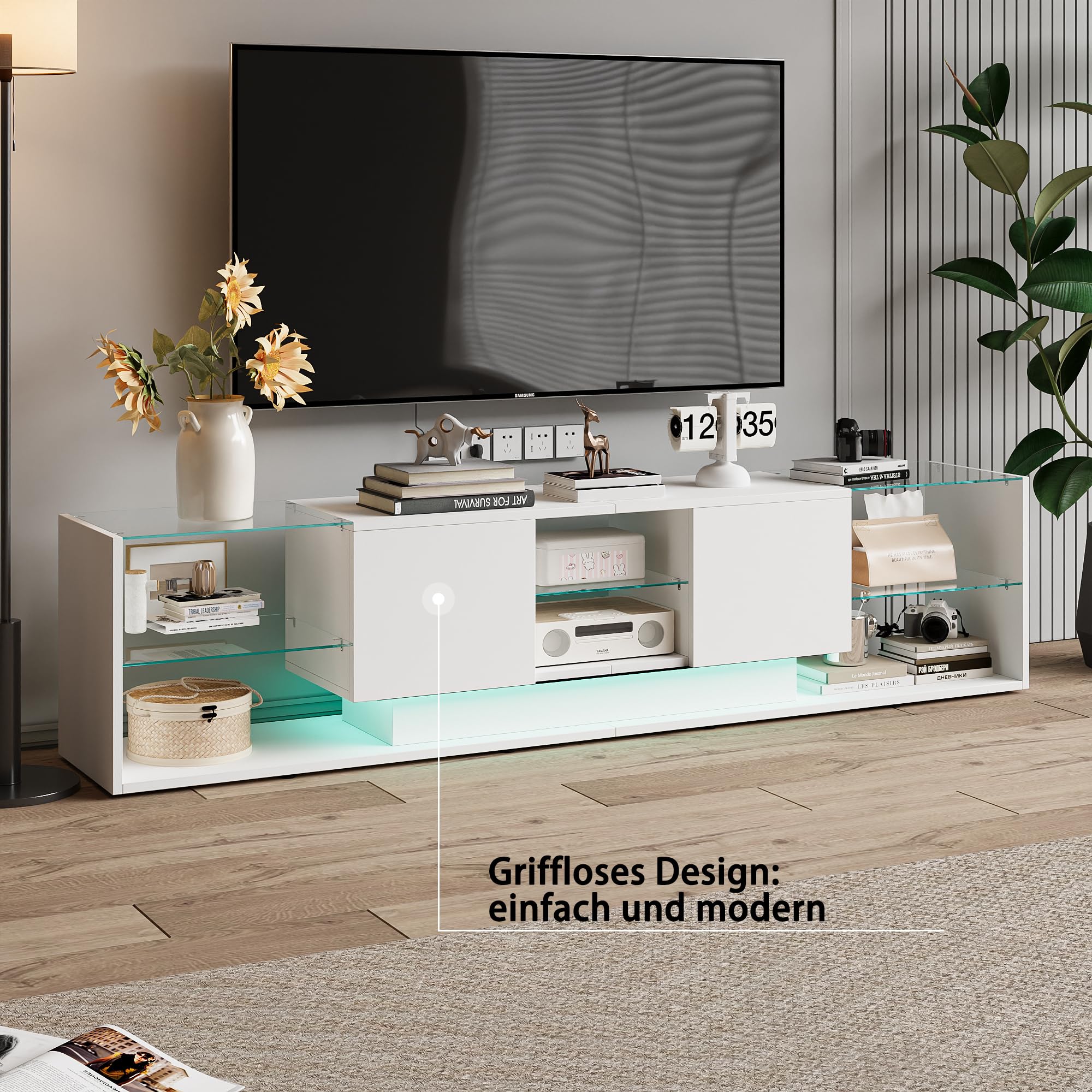 Mueble TV LED Blanco 200 cm, Mueble de TV Moderno con Luz LED.Mesa Televisión Salón con 2 cajones y Estante de Cristal, Armario Bajo para salón o Dormitorio, 200 x 35 x 45 cm (Blanco, B)