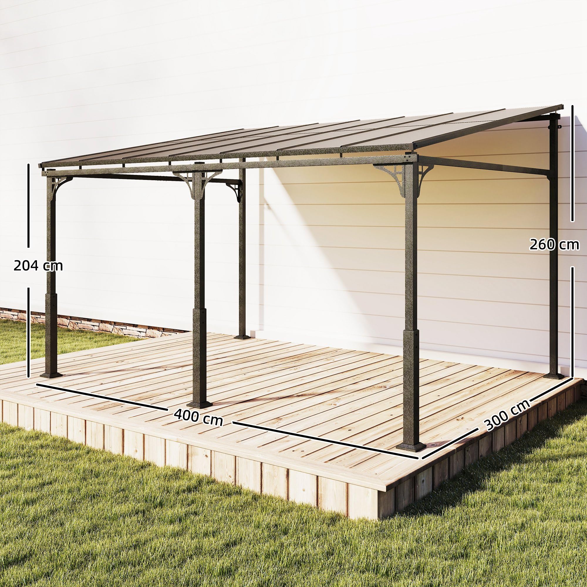 Outsunny Pergola ścienna 4 x 3 m Zadaszenie tarasowe z nachylonym dachem poliwęglanowym, metalowo-aluminiowa rama, przylegająca pergola na taras, ogród, brązowa