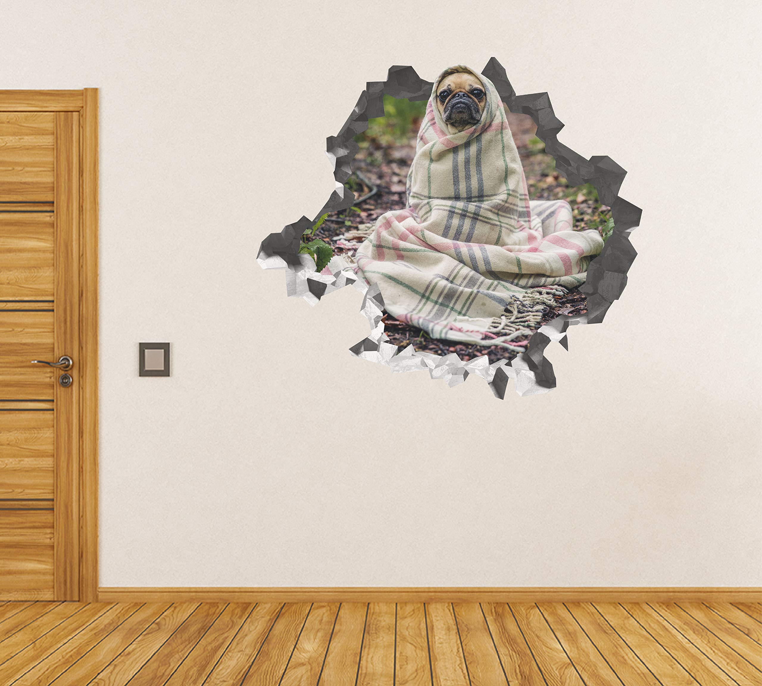 Cachorro Pug Arropadito Pegatina - Calcomania Animales - Decoración de Cuartos Niños - Sticker de Cachorro - Decoración Infantil - JS359 (Gigante: 127 cm x 117 cm)