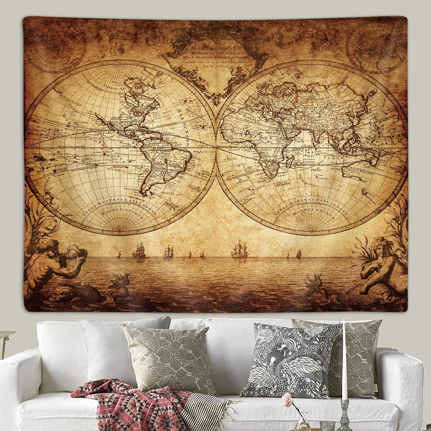 Old World Map Tapestry for Bedroom, Vintage Nautical Maps of the World Art Large Tapestries Wall Hanging for College Dorm Living Room Office Decor 80X60", Brown Pirate Treasure Map Poster Blanket image 3