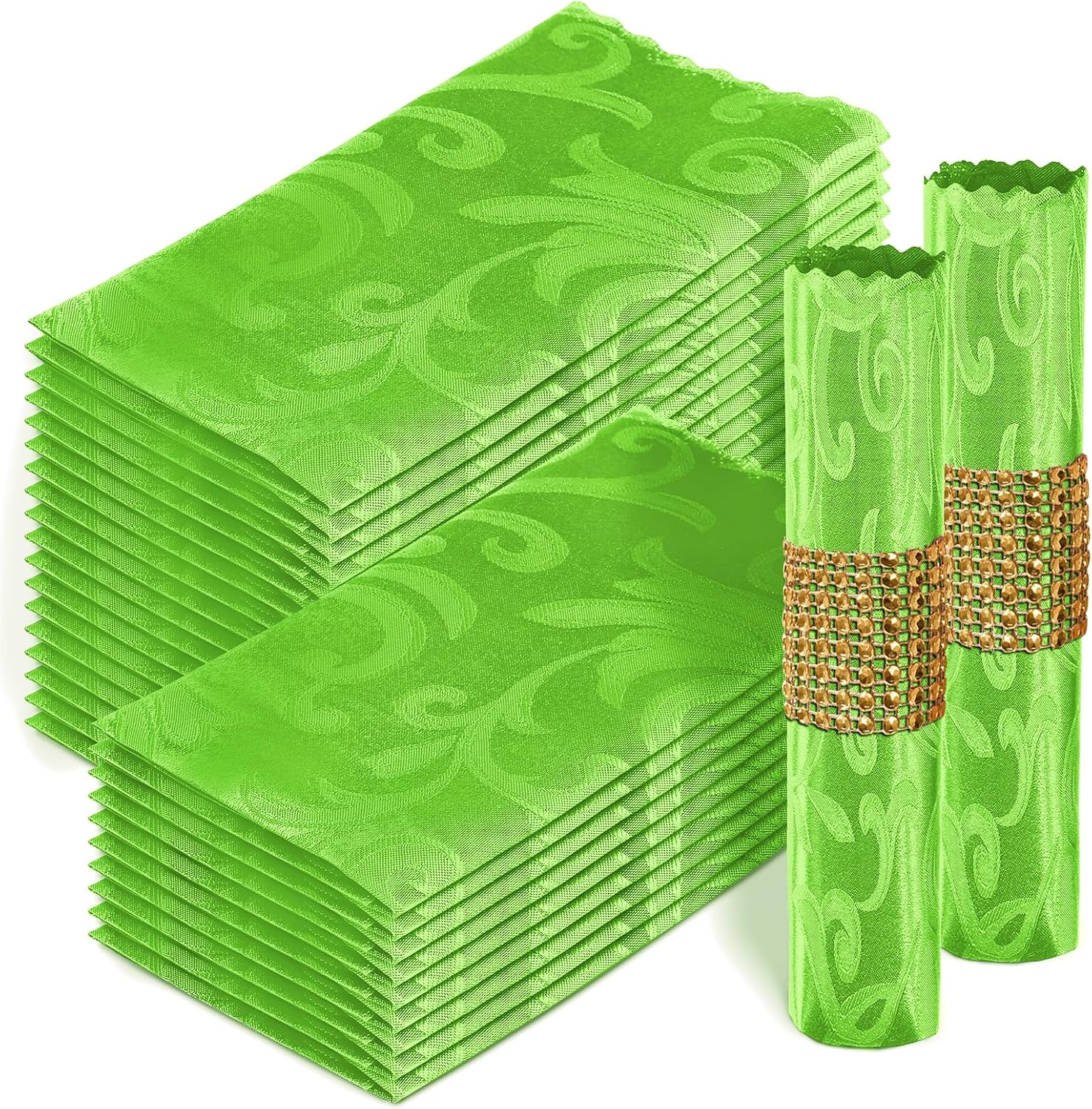 Homiest 50 Pack Jacquard Satin Napkins - 17x17 Inches Damask Dinner Decor, Scalloped Square Silky Wedding Napkins, Smooth Table Cloth for Restaurant Graduation Party (Lime Green)