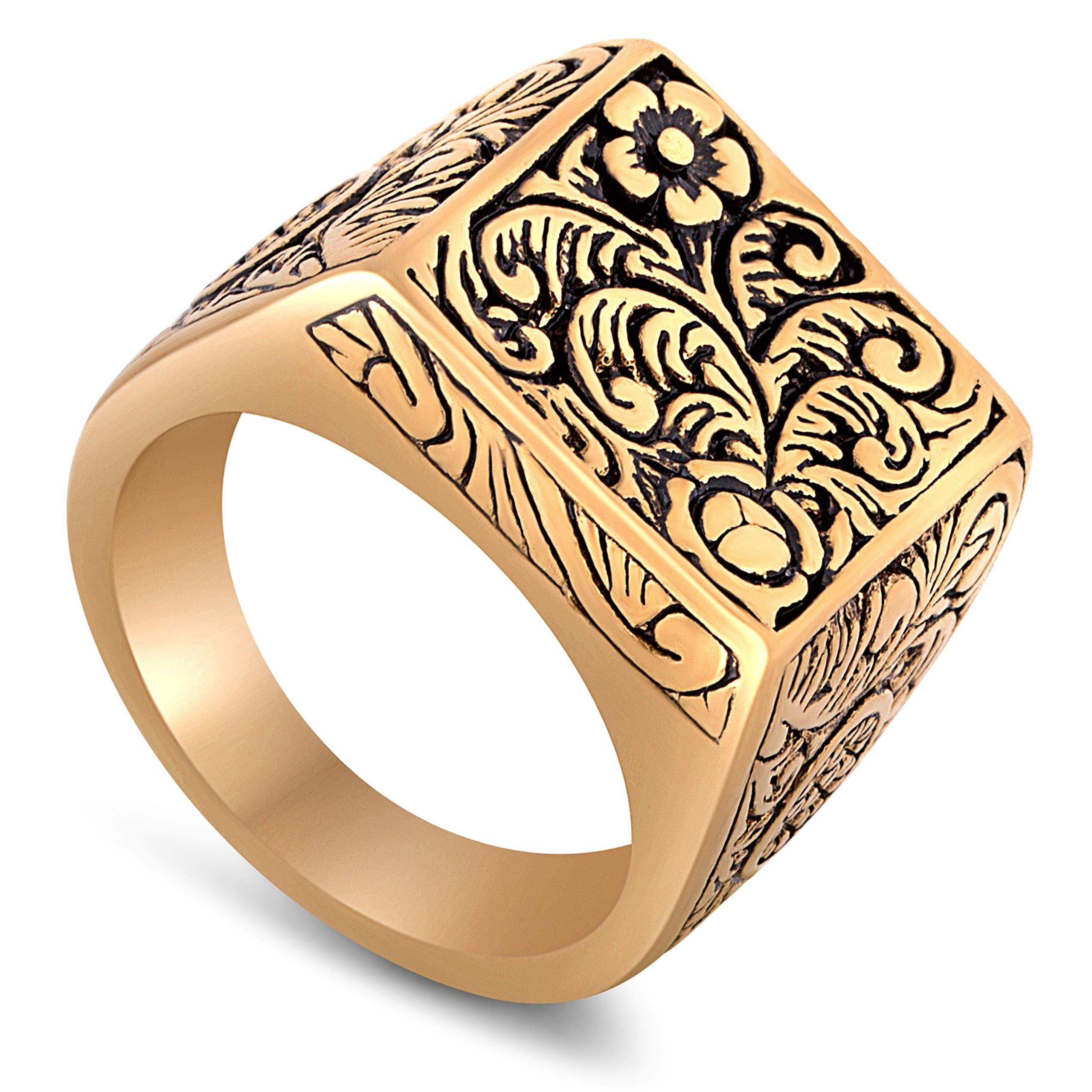 Akitsune Floris Anillo | Design-Anillo Mujer Hombre Acero Inoxidable Sello de Adorno Floral Grande - Oro - US 8
