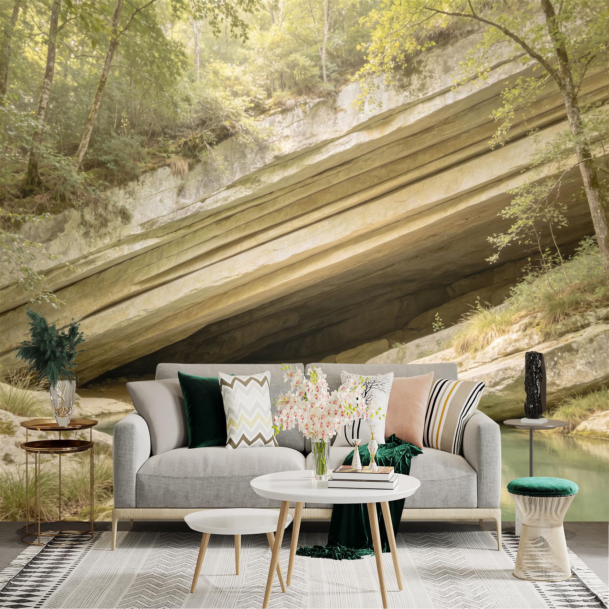 Lnzczhyre Dbh260521714 Custom Size Wall Sticker Mural， Natural Rocky Cave With Turquoise River， Sunlit Forest Overlook， Serene Landscape Scene， For Wall Decoration， Peelandstick Wall Decals.