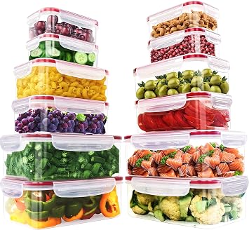 KICHLY Airtight Plastic Food Containers with Lids, 24 piece, BPA-Free, Leakproof Food Storage lunch box, Stackable Meal Prep Set for Kitchen & Pantry Storage Organization, Red 12 Containers, 12 Lids