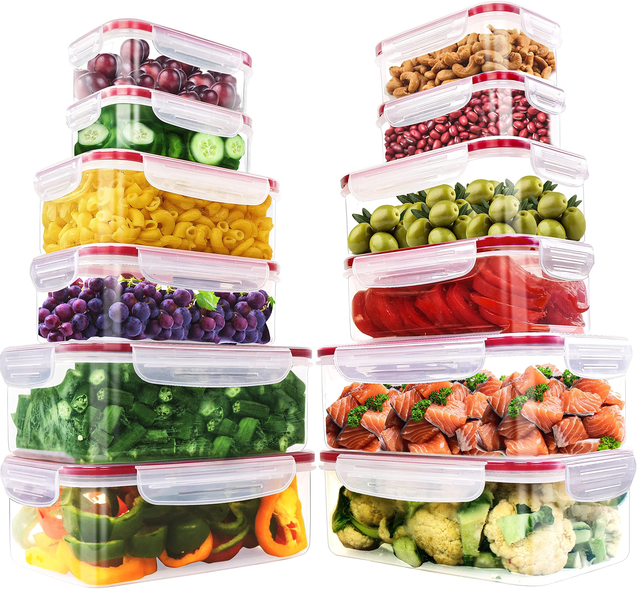 KICHLY Airtight Plastic Food Containers with Lids, 24 piece, BPA-Free, Leakproof Food Storage lunch box, Stackable Meal Prep Set for Kitchen & Pantry Storage Organization, Red (12 Containers, 12 Lids)