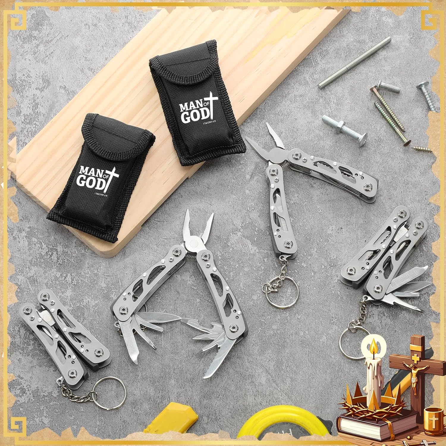 6 Sets Man of God Gifts, Small Multi-tool Pliers Gift for Men Stainless Steel Multi-tool with Oxford Bag, Church Gifts Bulk for Men Dad Father's Day Christmas Religious Party Favors