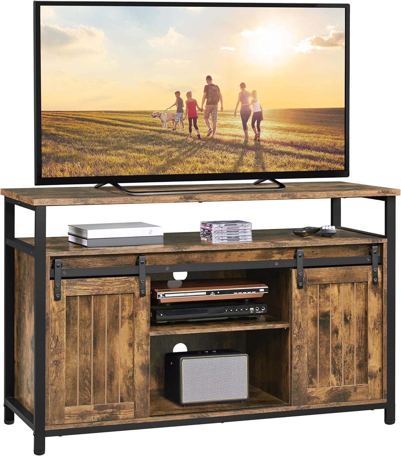Yaheetech Farmhouse TV Stand with a TV on top and media devices in the open shelves.