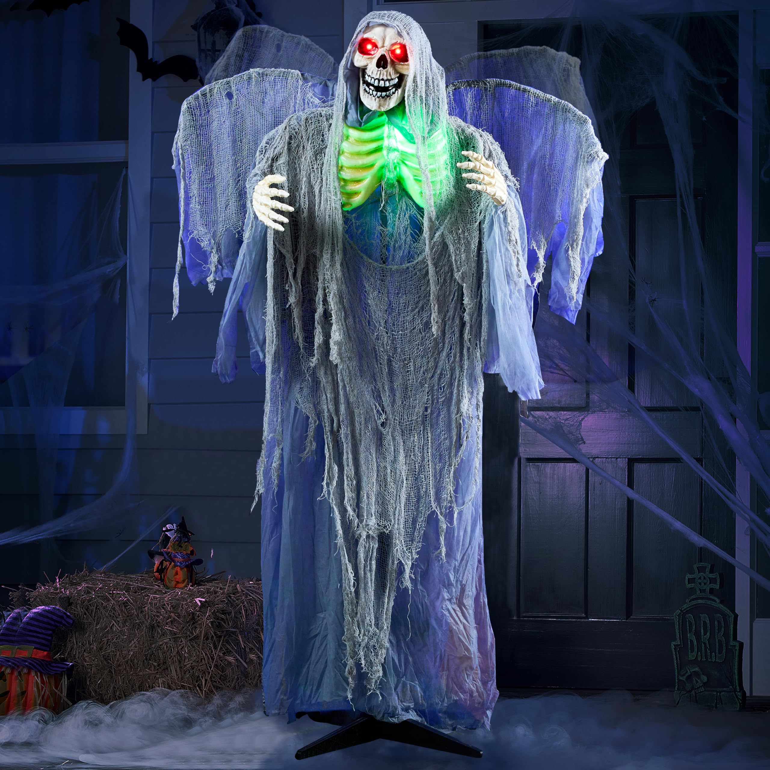 JOYIN 67" Halloween Animatronic Grim Reaper Decoration with Wings, Life Size Standing Animated Ghost with Light-Up Eyes, Creepy Sound, and Movable Body for Halloween Haunted House Decorations