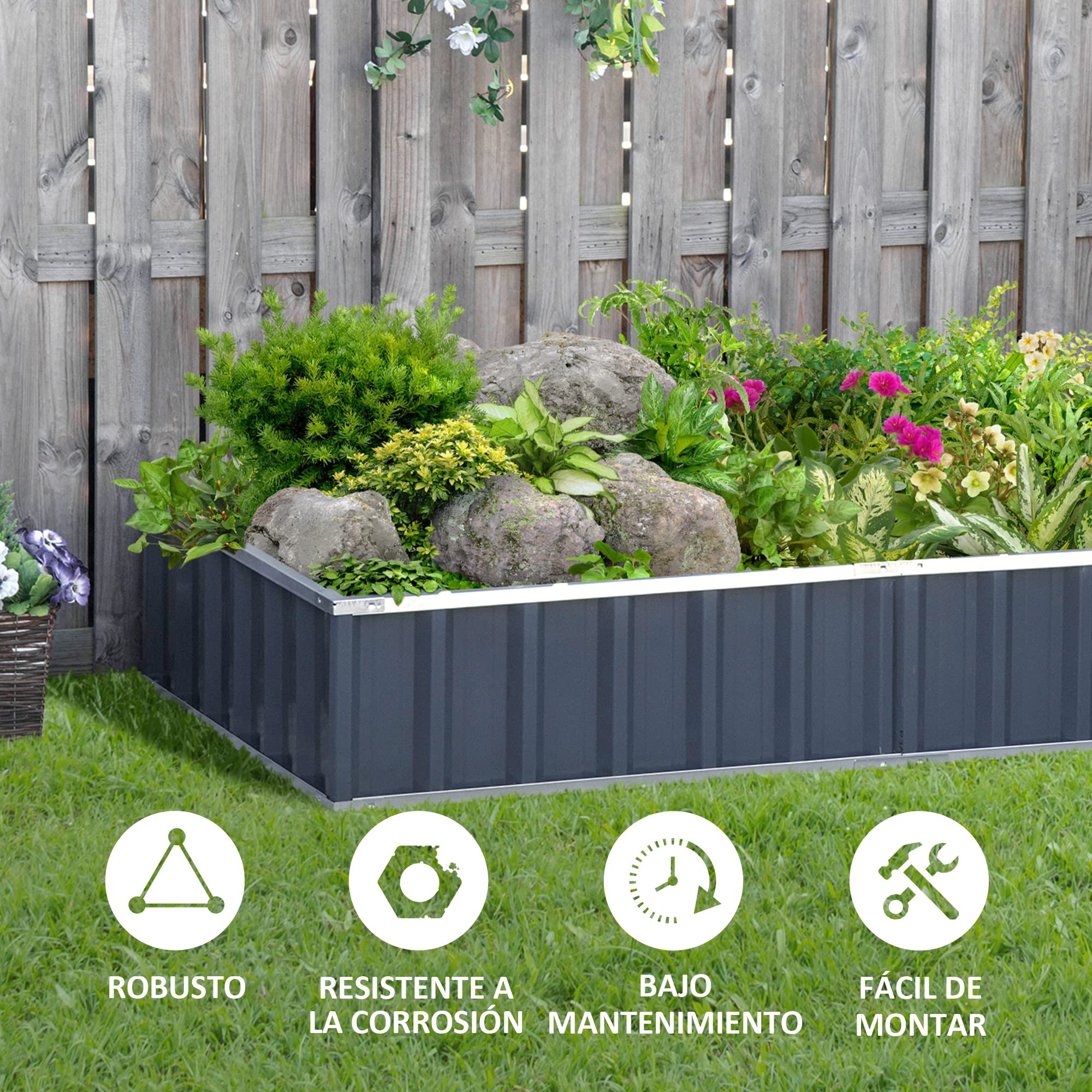 Outsunny Huerto Urbano Arriate de Jardín de Acero 174x90x30 cm Gris | Incluye Guantes; Jardinera Rectangular para Cultivos, Plantas y Flores en Terraza o Balcón