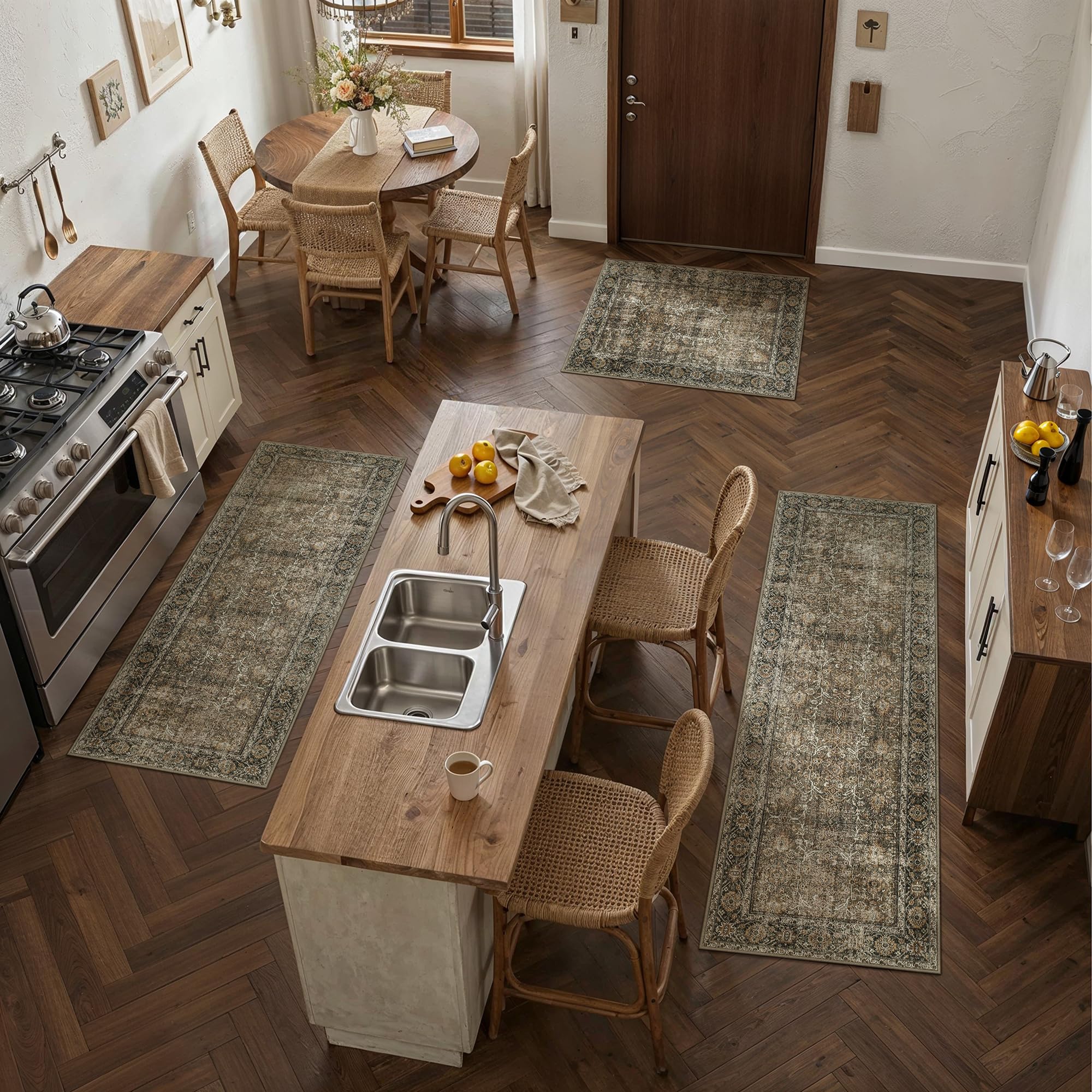 PureCozy Brown Kitchen Rug Set 3 Piece 2x3+2x4+2x5 Vintage Distressed