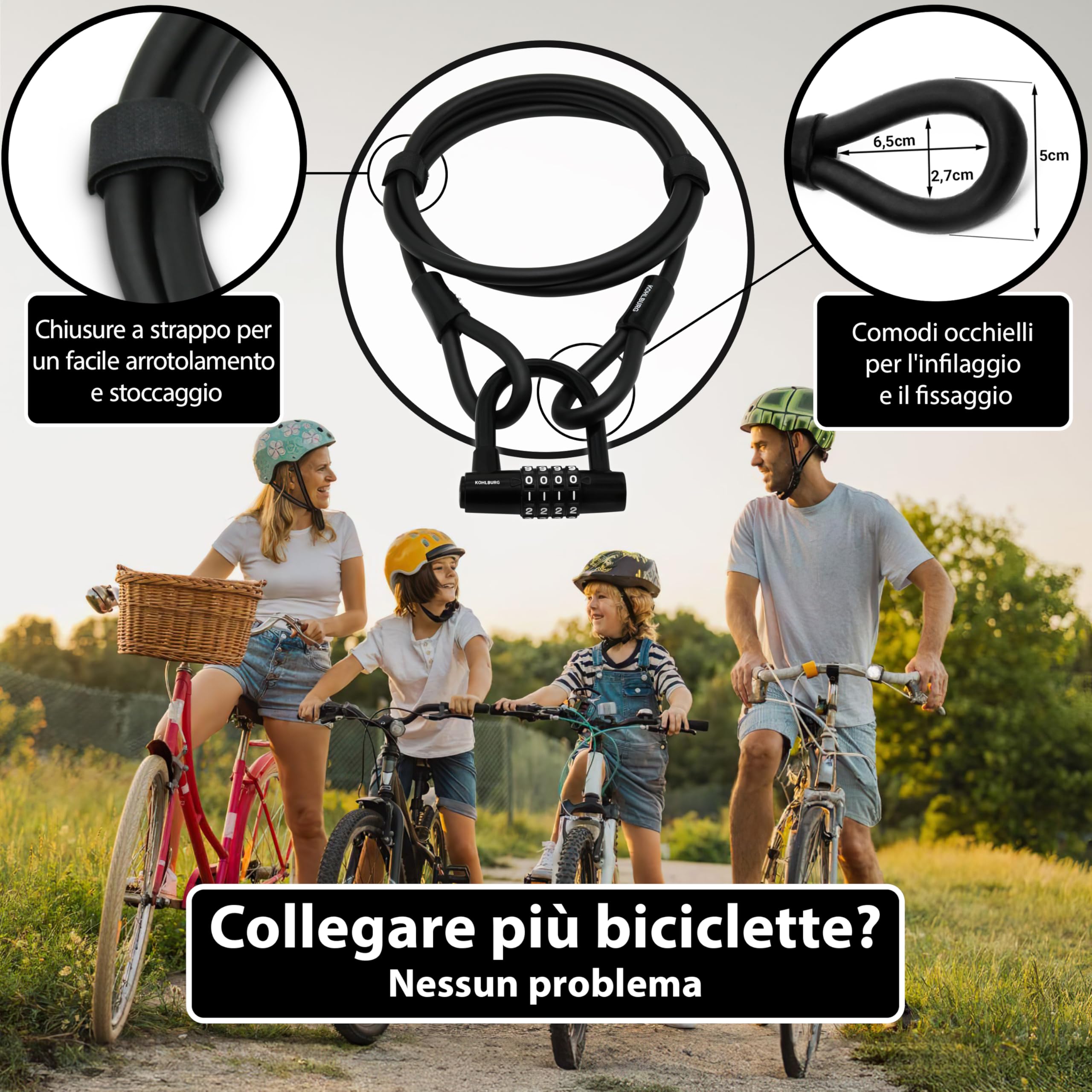 KOHLBURG Antifurto a cavo lungo 2 metri con combinazione numerica – Lucchetto da 200 cm – con chiusure a strappo – Cavo in acciaio con codice per bicicletta, mobili da giardino e antifurto per bici