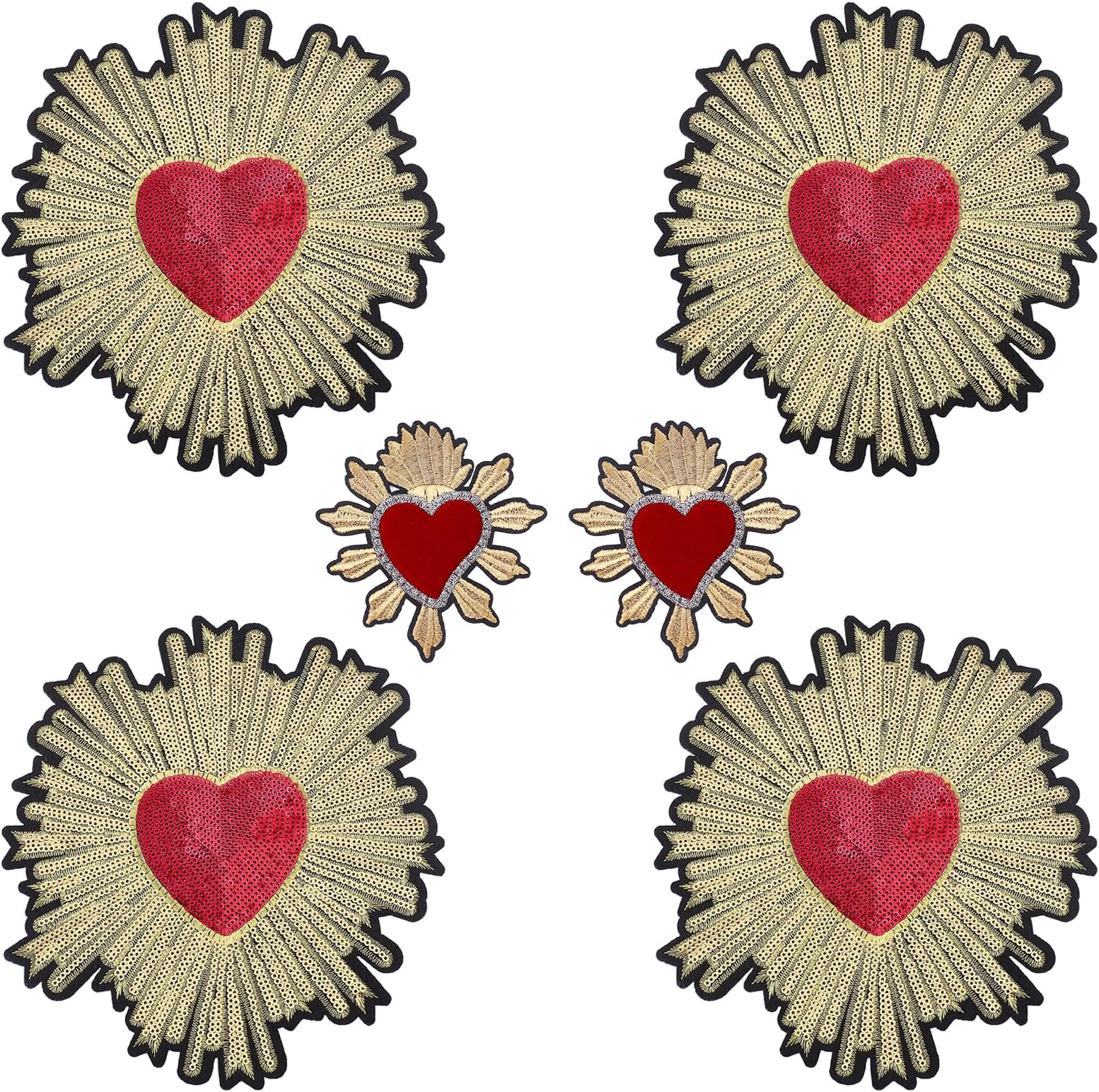 INFUNLY 6pcs Embroidery Applique Heart Patches Large Heart Flowers Sequin Patches Sew on Gold Sequin Fabric Patches Applique Badges for Jeans Jacket Women's Clothing Bag Caps