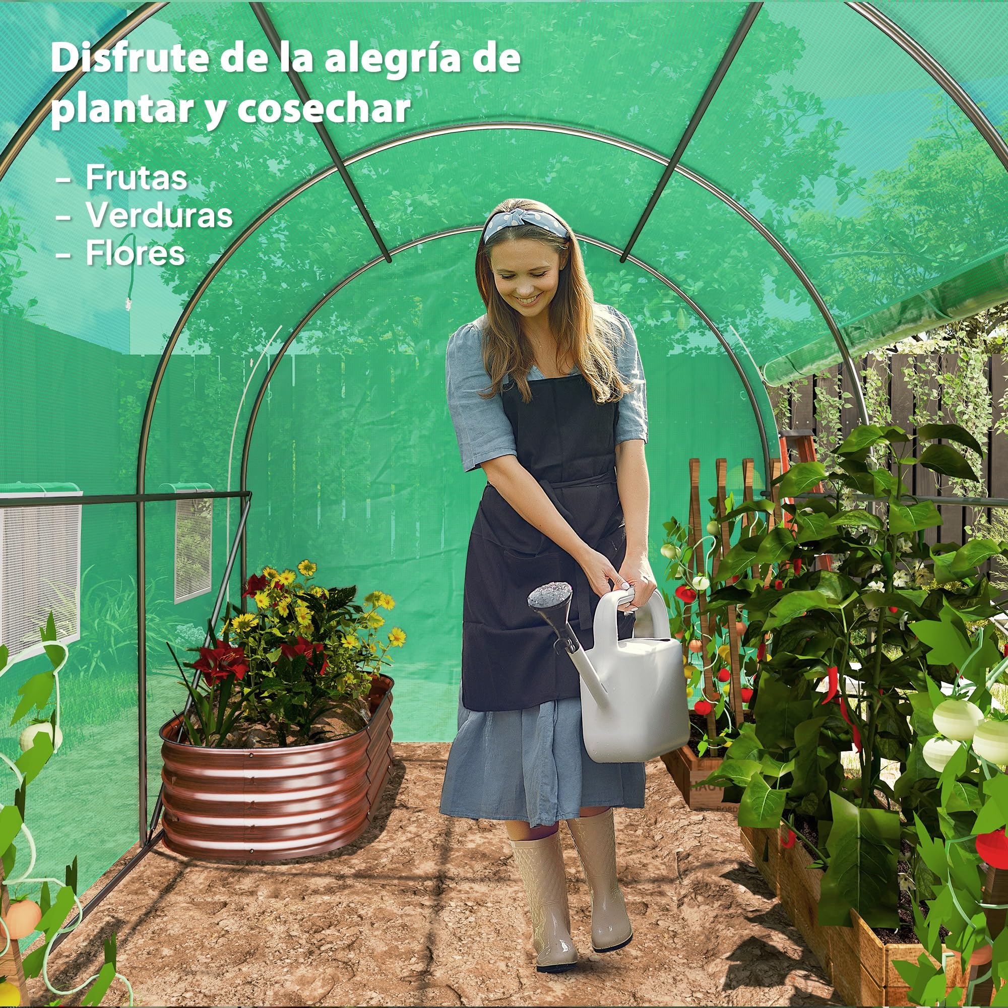 Outsunny Invernadero de Túnel 296x196x200 cm Invernadero de Jardín con 3 Puertas Enrollables 6 Ventanas Cubierta PE 140g/m² Estructura de Acero Galvanizado para Cultivos Plantas Flores Verde