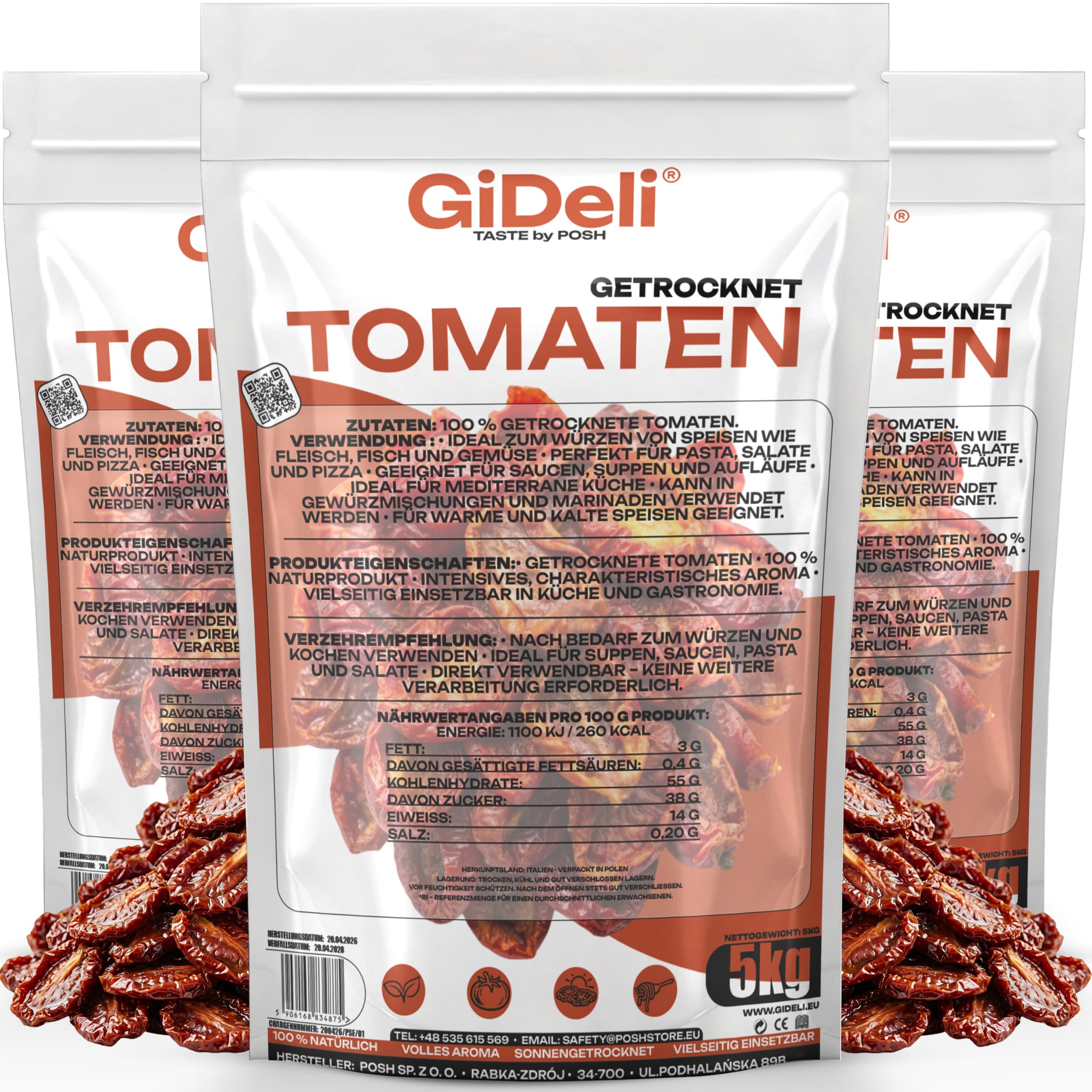 GiDeli Getrocknete Tomaten 3x5kg - Naturrein Ohne Künstliche Zusätze - Sonnengetrocknet aus Italien - Ideal für Pasta, Suppen & Salate - Direkt Verwendbar Ohne Einweichen - Hoher Proteingehalt - Vegan