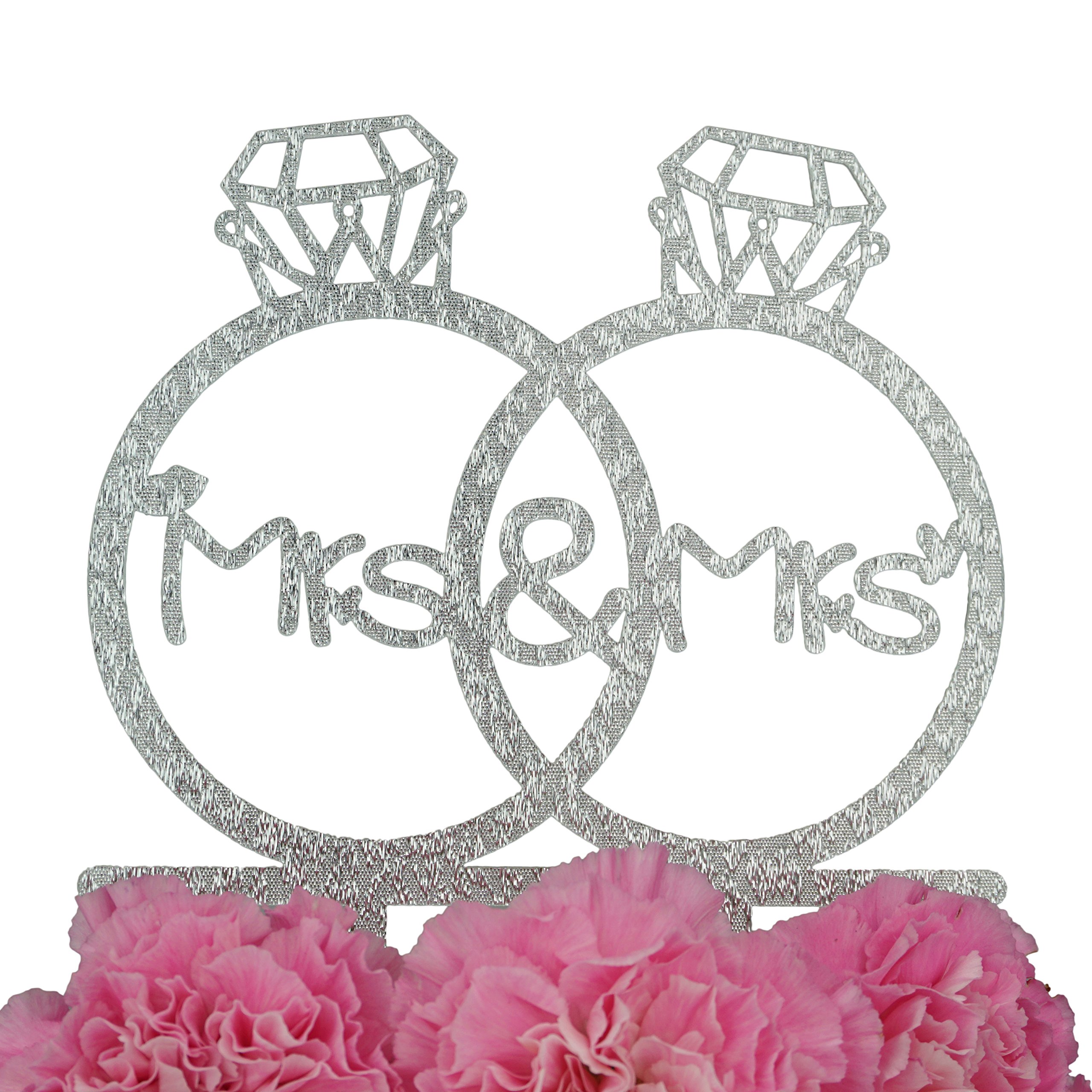 LOVENJOY Gift Box Pack Lesbian Mrs and Mrs in Diamond Rings Same Sex Monogram Wedding Anniversary Cake Topper (5.3-inch, White) (Silver)