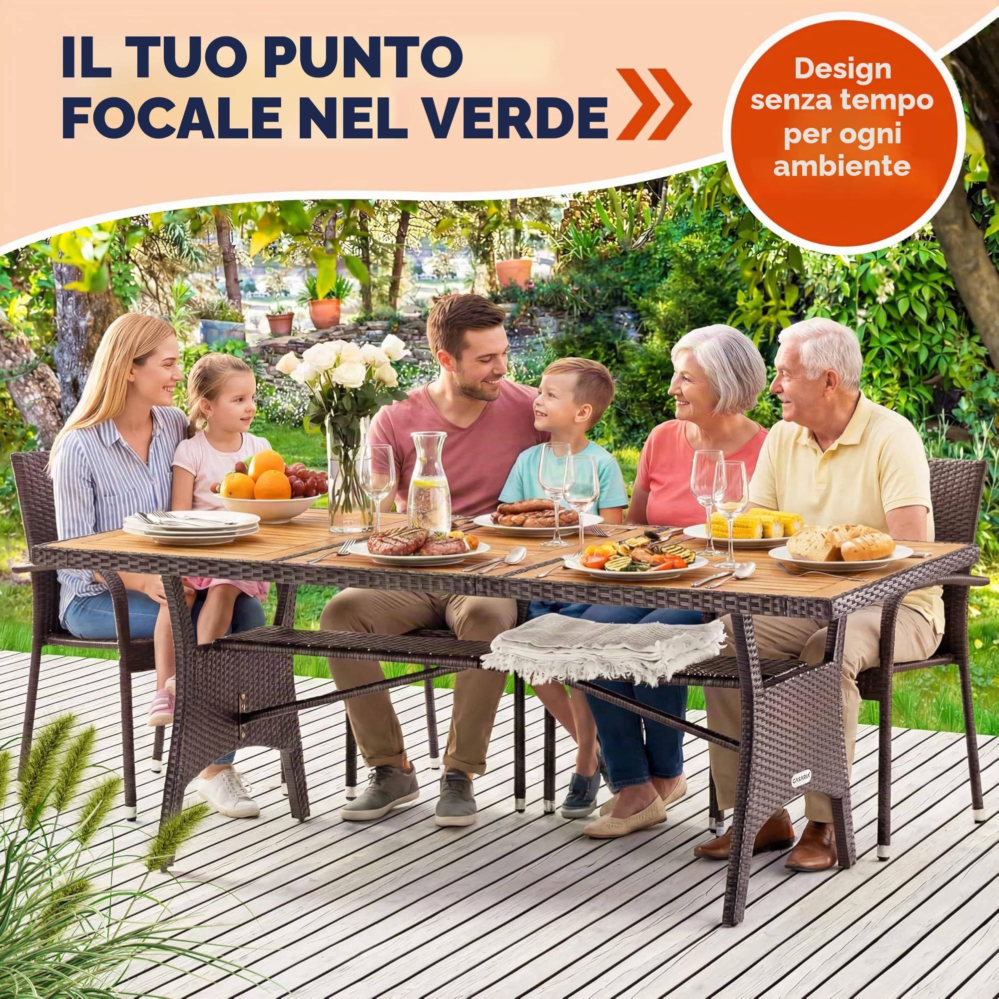 Casaria Tavolo da Giardino in Polyrattan Ripiano in Legno di Acacia 190x90x74cm Regolabile in Altezza per Esterno Pranzo Terrazza