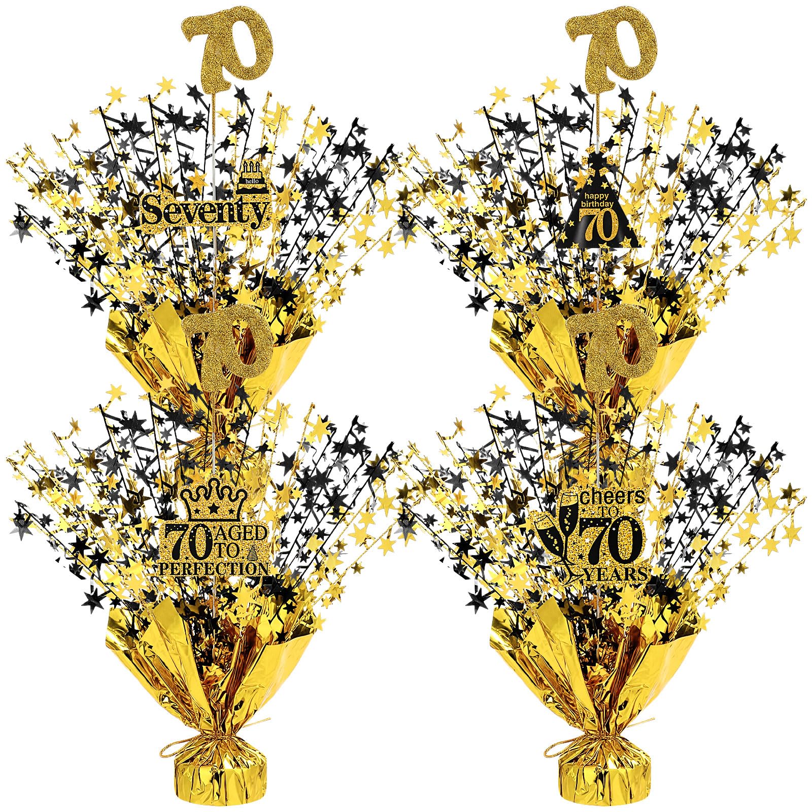 Tatuo 4 Pcs Metallic Foil Spray Centerpiece, Black Gold, 70th Birthday