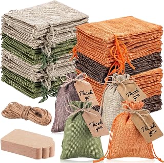 Woanger 100 Pcs Burlap Gift Bags with 100 Pcs Kraft Paper Gift Tags Drawstring Favor Bulk Burlap Sack Bags for DIY Wedding Party Craft(4 x 6 Inch,Natural Color, Dark Brown, Military Green, Orange)