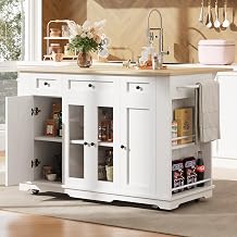 ModernLuxe Kitchen Island with Removable Partitions, Storage Cabinet with Worktop, Spicy Rack, 4 Doors & 3 Drawers, Tempered Glass Door Kitchen Trolley, Wood Grain Finish, White, 151.5 60 91.7 cm