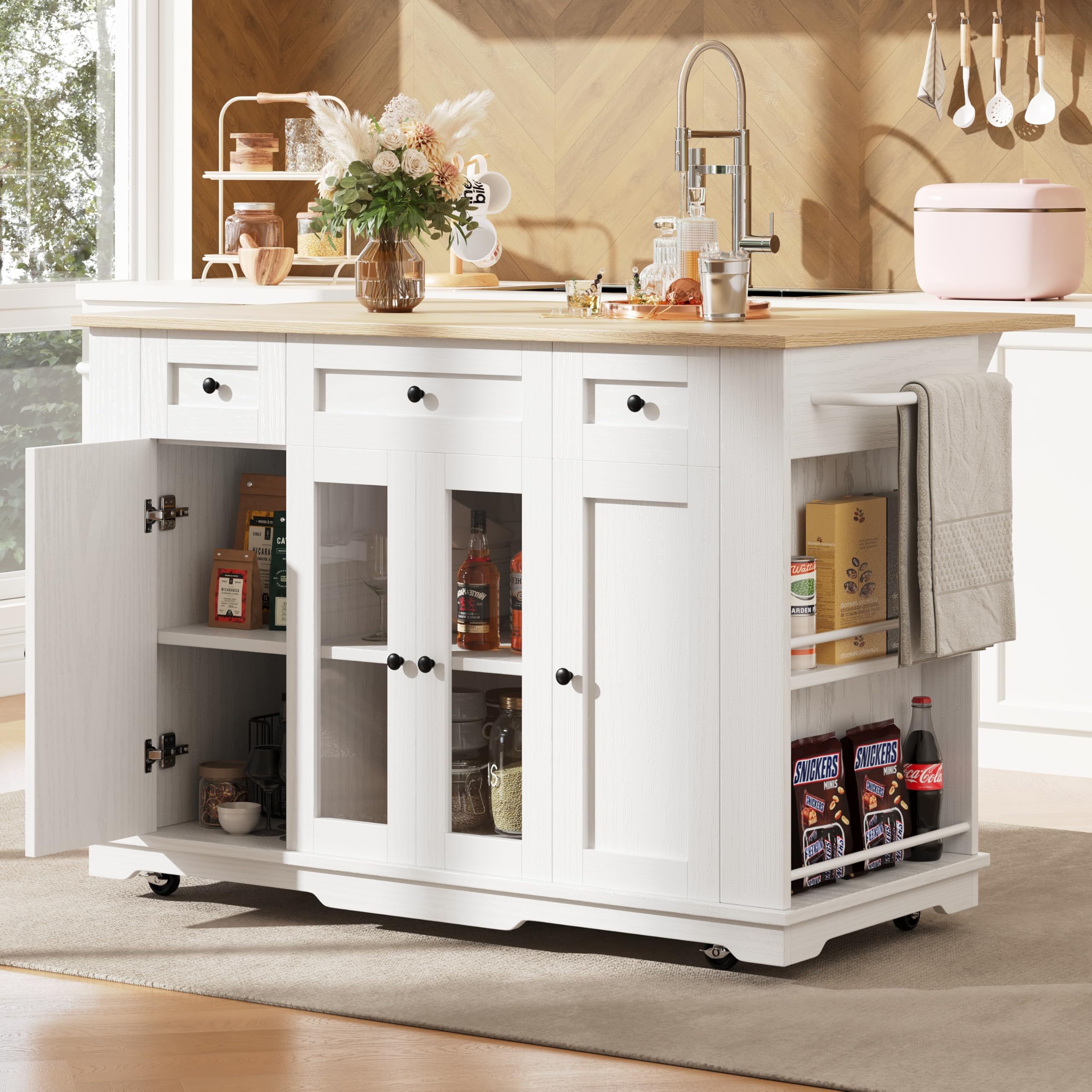 Chariot de cuisine, îlot de cuisine, armoire de buffet, chariot à repas avec plan de travail pliable, chariot à manger avec roulettes, tiroirs et portes en verre pour cuisine, 151,5 x 85 x 91,7