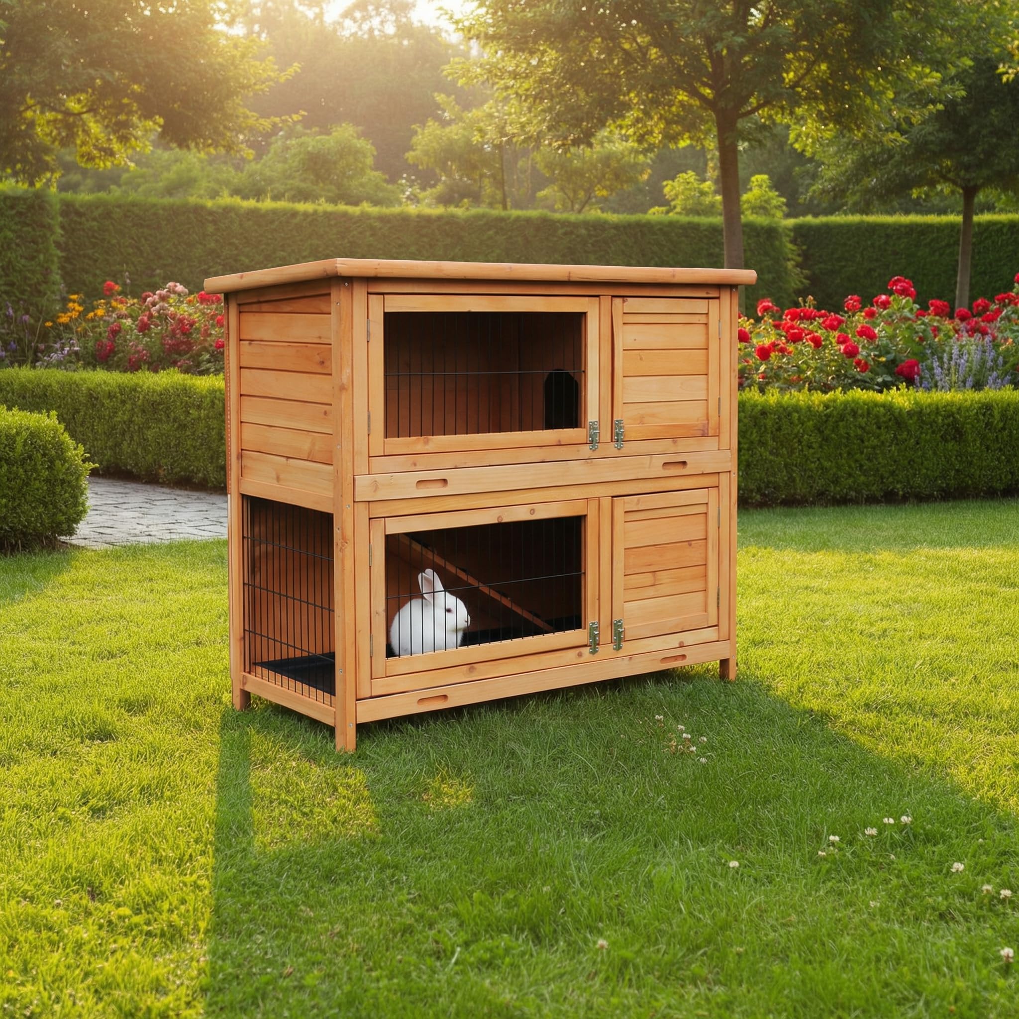 MyAnimal Hasenstall MH-20 | 120x51x105 cm - Kaninchenstall mit Freilaufgehege - Doppelstockhaus 2 Ebenen - Hasenkäfig - Holz imprägniert - Kaninchenkäfig Winterfest - Indoor & Outdoor (Braun)