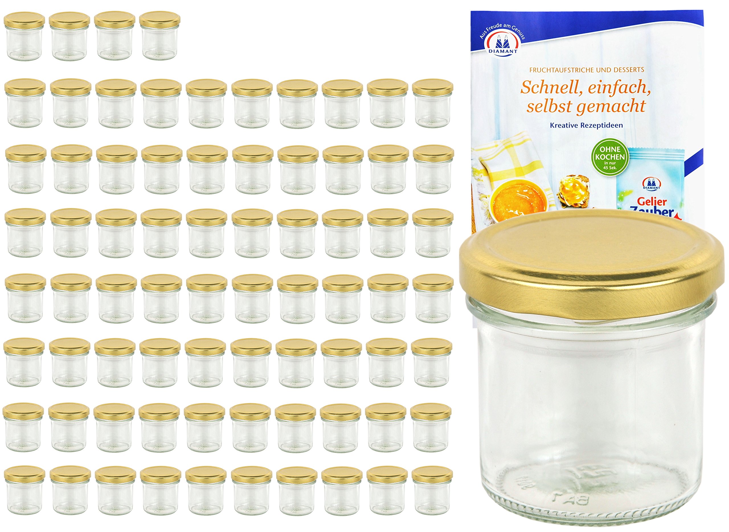 MamboCat 75er Set Sturzgläser 167 ml Deckelfarbe Gold to 66 inkl. Diamant Gelierzauber Rezeptheft, Marmeladengläser, Einmachgläser, Einweckgläser, Gläser