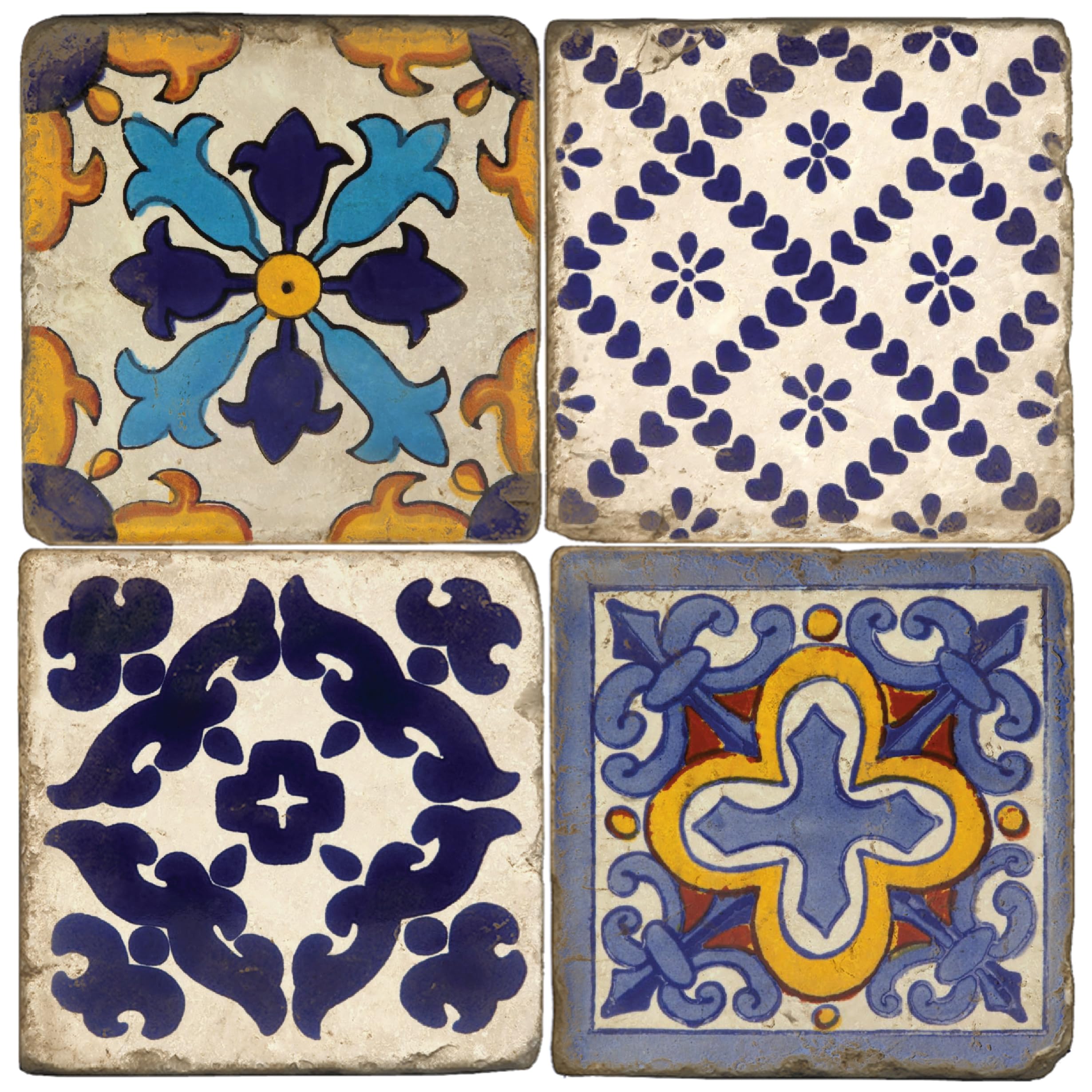 MetrStudio Vertu, Set of 4, Mexcian Tiles II Tumbled Botticino Marble 4.25"" Coasters