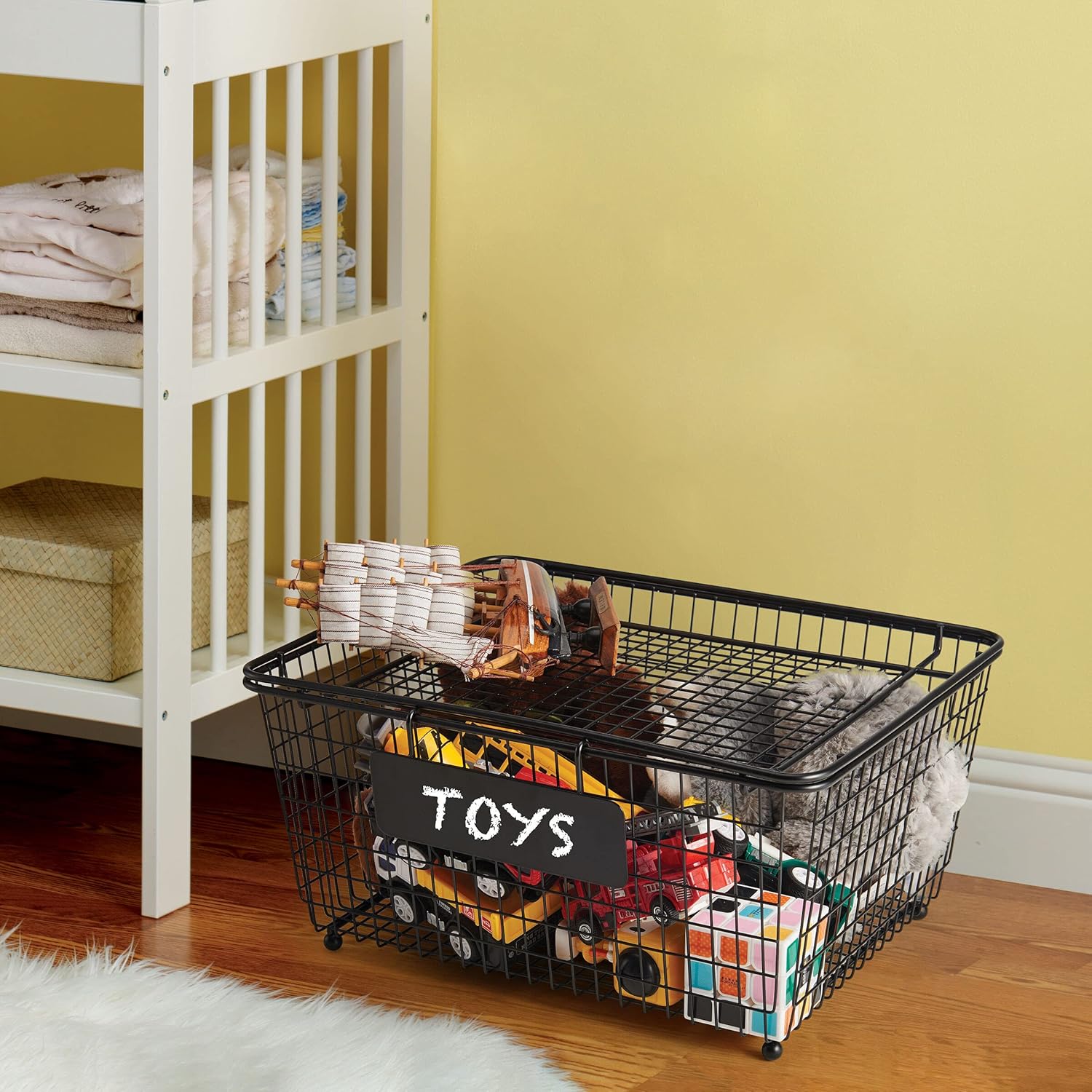Mikasa Gourmet Basics Chalkboard Stackable Storage Basket with Lid, Wire Frame Storage Basket for Home - Handcrafted Iron, Removable Chalkboard Label, Versatile & Stylish (13.5" x 10.5" x 6")
