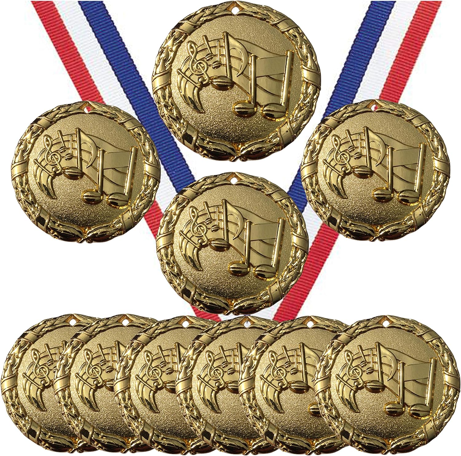 Gold Music Medals Trophy Champion Participant Award Prize with Neck Ribbons (Pack of 10)