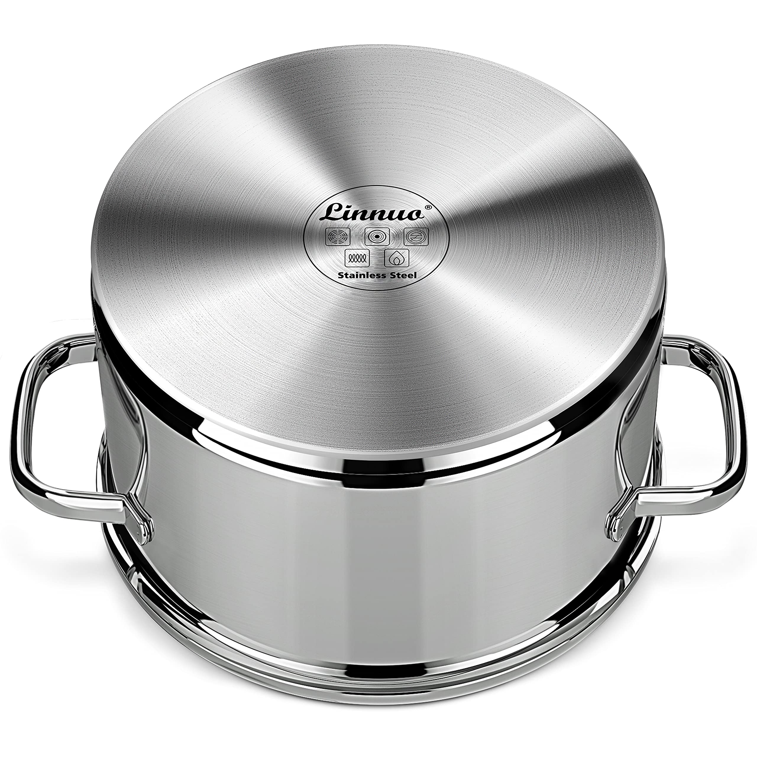 Linnuo Topf Induktion 24cm mit Glasdeckel, Kochtopf groß 6l, aus 18/10 Edelstahl, Griff nicht heiß, geschmiedeter Boden für alle Herde, Topf groß als Suppentopf Nudeltopf Spaghettitopf | Cooking Pot