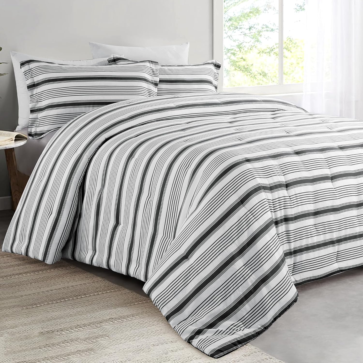 Amazon.com: HOMBYS 120x120 Oversized King Stripe Comforter Set, Grey ...