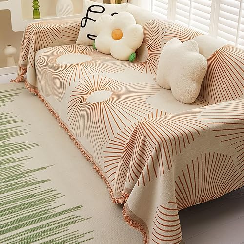 Miniatura 7 de DREAMINGO Funda de felpilla naranja para sofá de 3 plazas, funda reversible de jacquard a rayas radiales, protector de mueble, lavable, color beige,