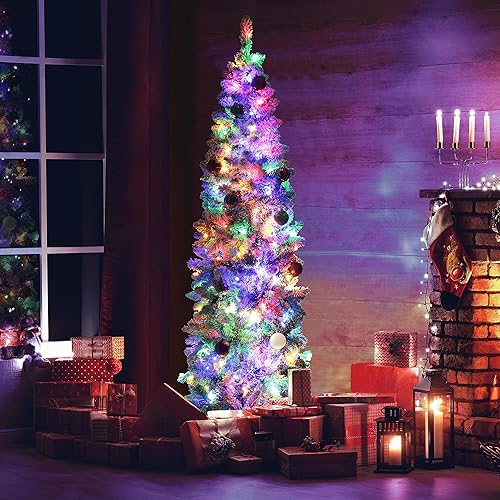 Miniatura 33 de MUPATER Árbol de Navidad artificial preiluminado de 5 pies, con nieve flocada y soporte de metal, luces blancas cálidas, decoración navideña