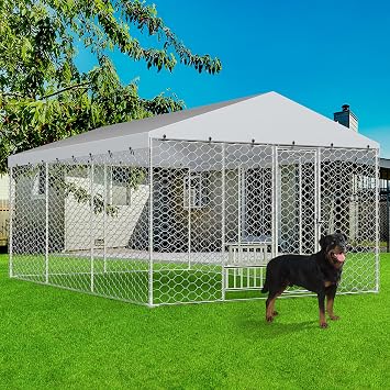 Lyromix Outdoor Dog Kennel 10 x 15FT, Heavy Duty Galvanized Chain Link Dog Run with Weatherproof Roof, Detachable Feeding Bowls and Secure Lock, Dog Fence for Backyard Yard