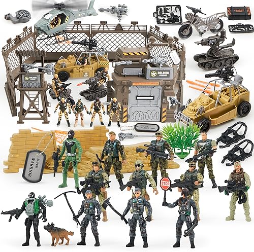 JOYIN Juego de juguetes de combate militar, incluye base militar, vehículos, figuras de acción de hombres del ejército y accesorios de equipo de