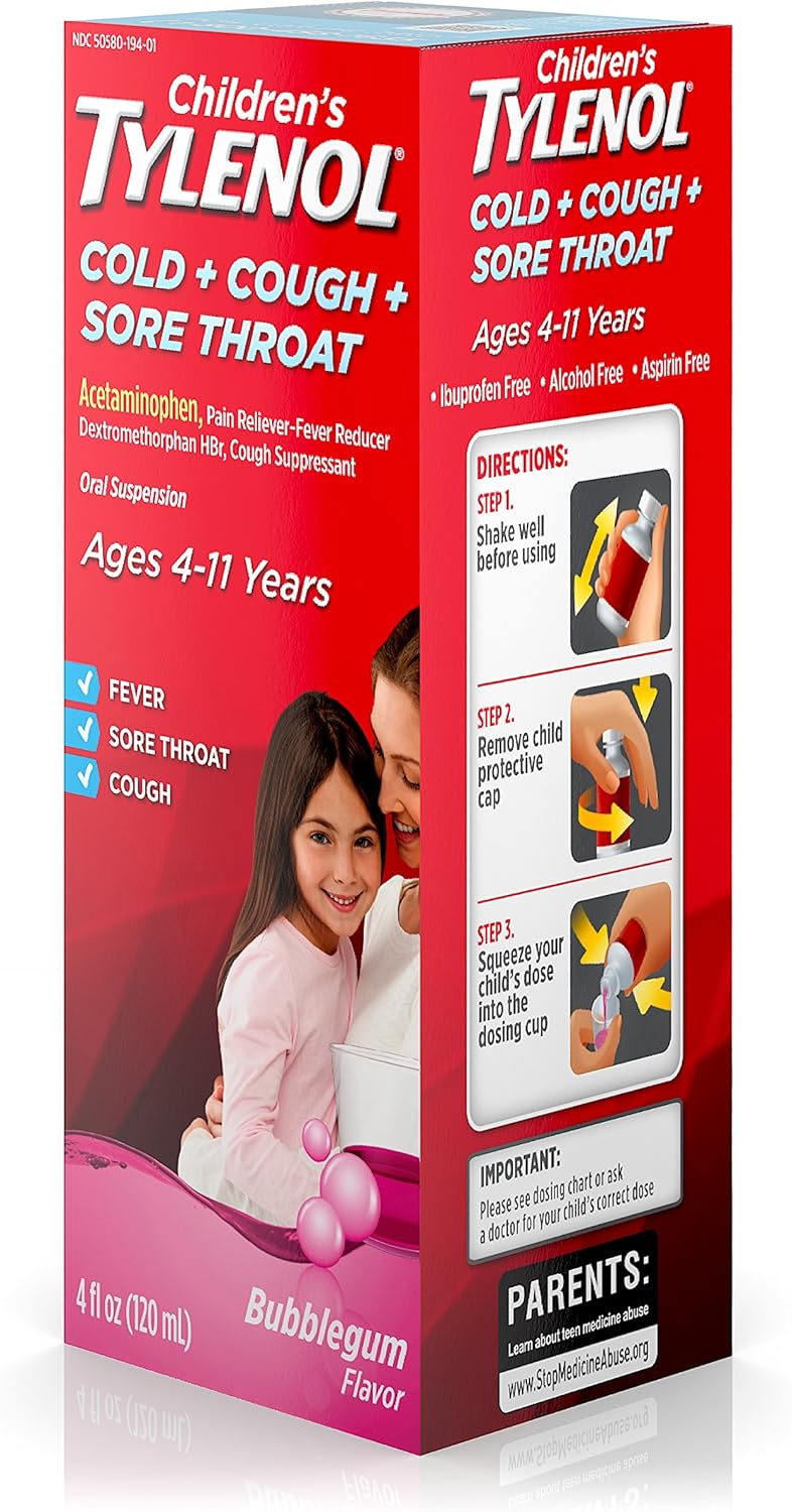 Children's Tylenol Cold, Cough, and Sore Throat Medicine, Bubblegum, 4 Fl. Oz : Health & Household