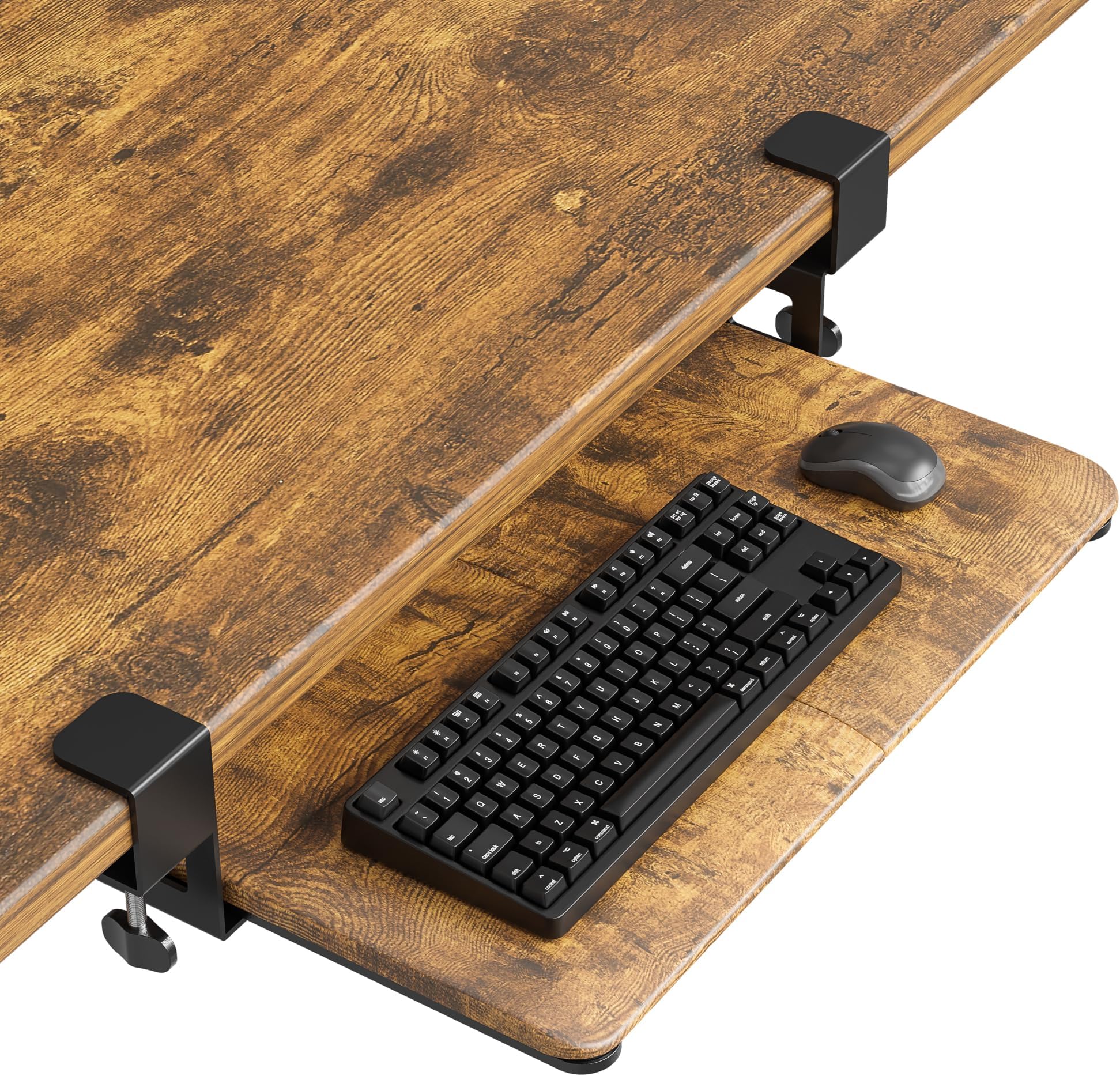 BONTEC KMT01-PJ Under Desk Keyboard Tray, Pull-Out Keyboard & Mouse Platform with C-Clamp, 20 x 11.8 in Space-Saving Ergonomic Slide-Out Drawer, Rustic Brown