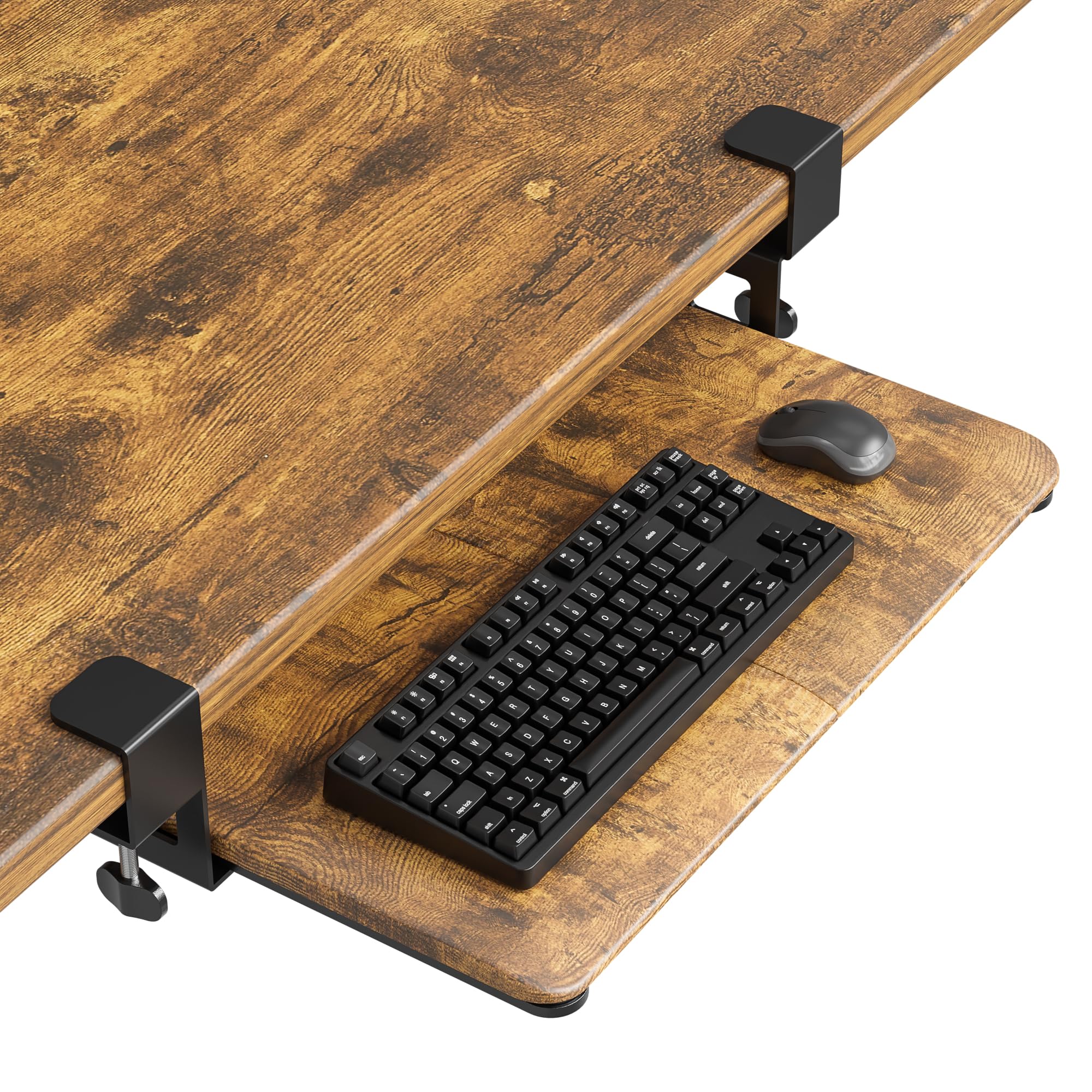 BONTEC Small Keyboard Tray Under Desk, Pull Out Keyboard & Mouse Tray with C Clamp, 20 (24.6 Including Clamps) x 11.8 Inch Steady Slide-Out Computer Drawer, Perfect for Home or Office, Rustic Brown
